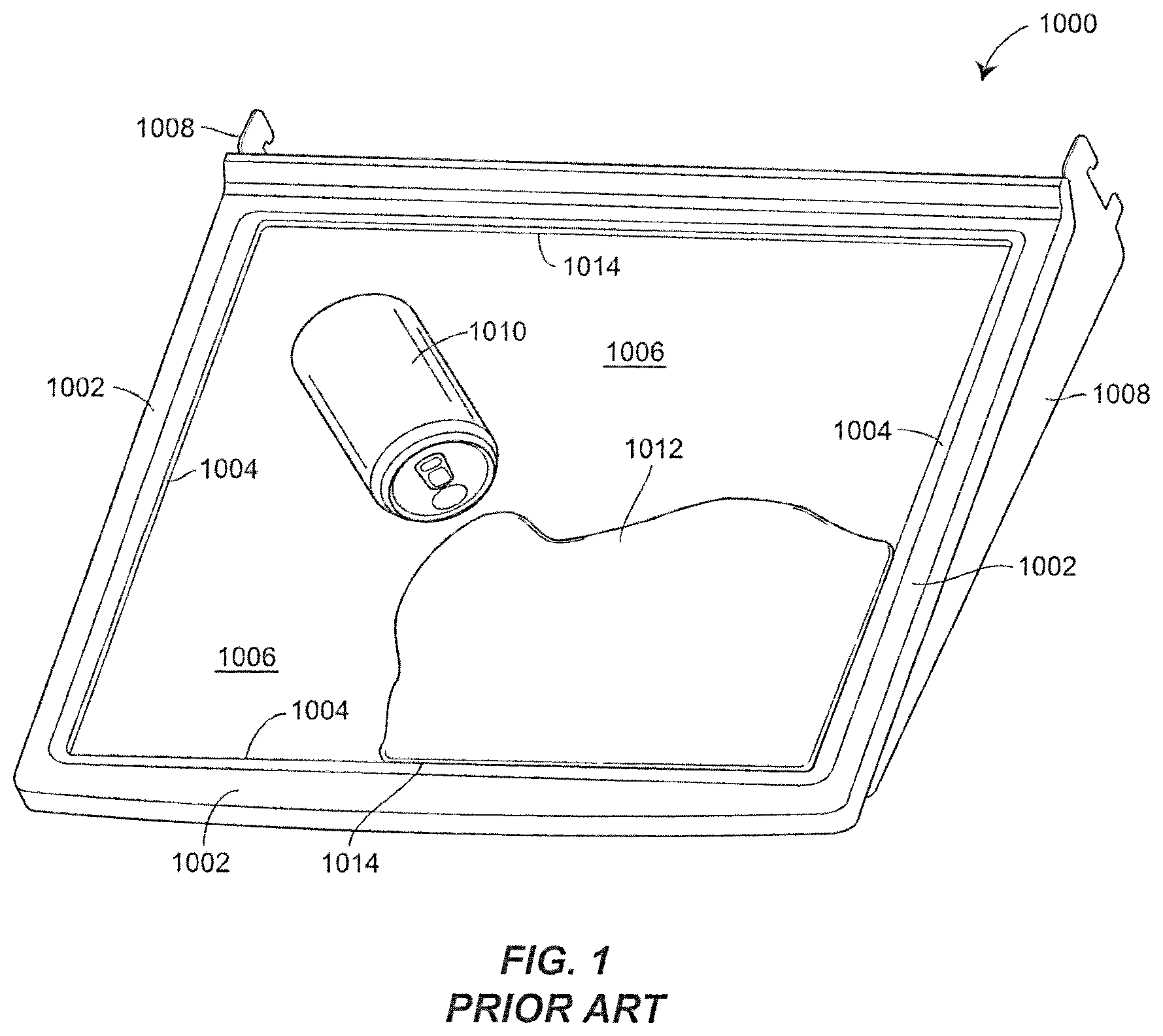 Patent US12096854 Figure 1 – Spill containing refrigerator shelf assembly