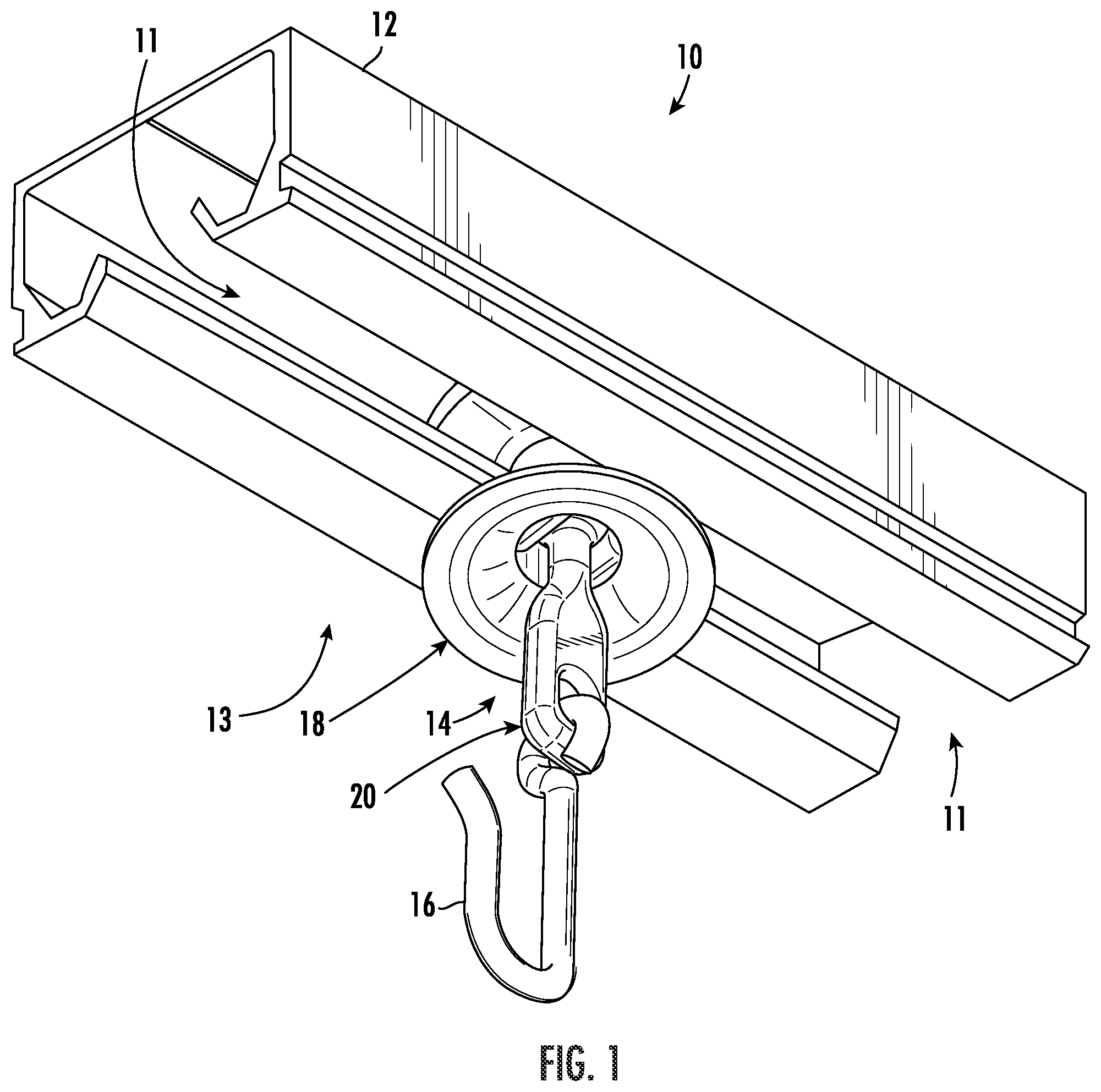 Patent US12096873 Figure 1 – Curtain carrier assembly with curtain carrier
