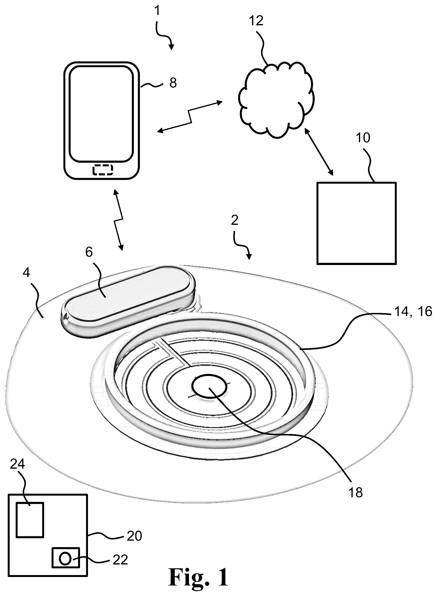 Patent US12097141 — Medical system having a monitor attachable to an ostomy appliance and to a docking station — Figure 1