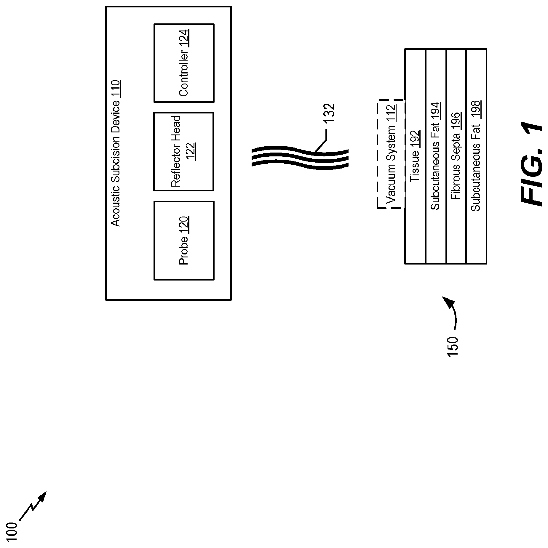 Patent US12097162 — Systems, devices, and methods of treating tissue and cellulite by non-invasive acoustic subcision — Figure 1