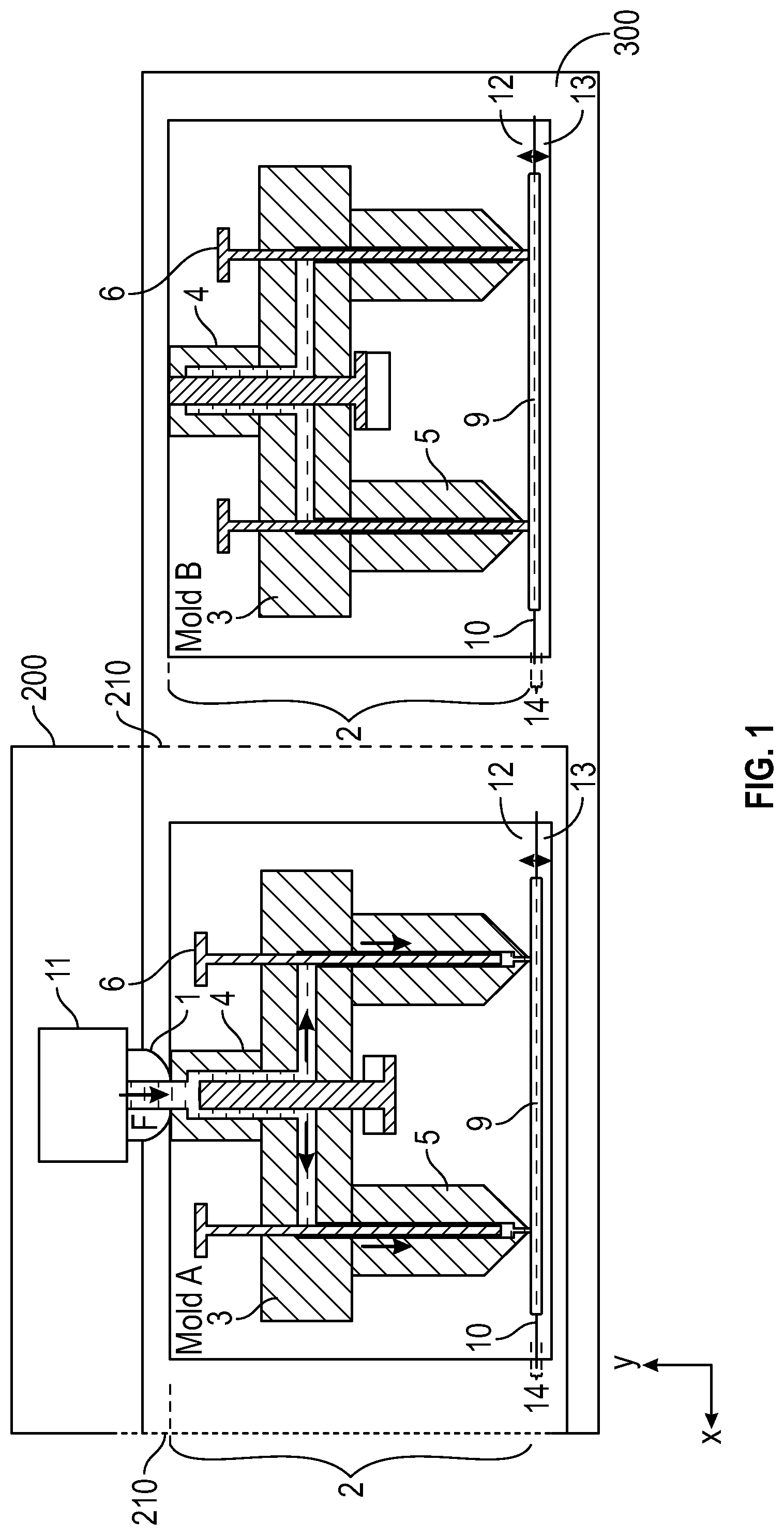 Patent US12097650 — Multi-mold systems using a runner — Figure 1