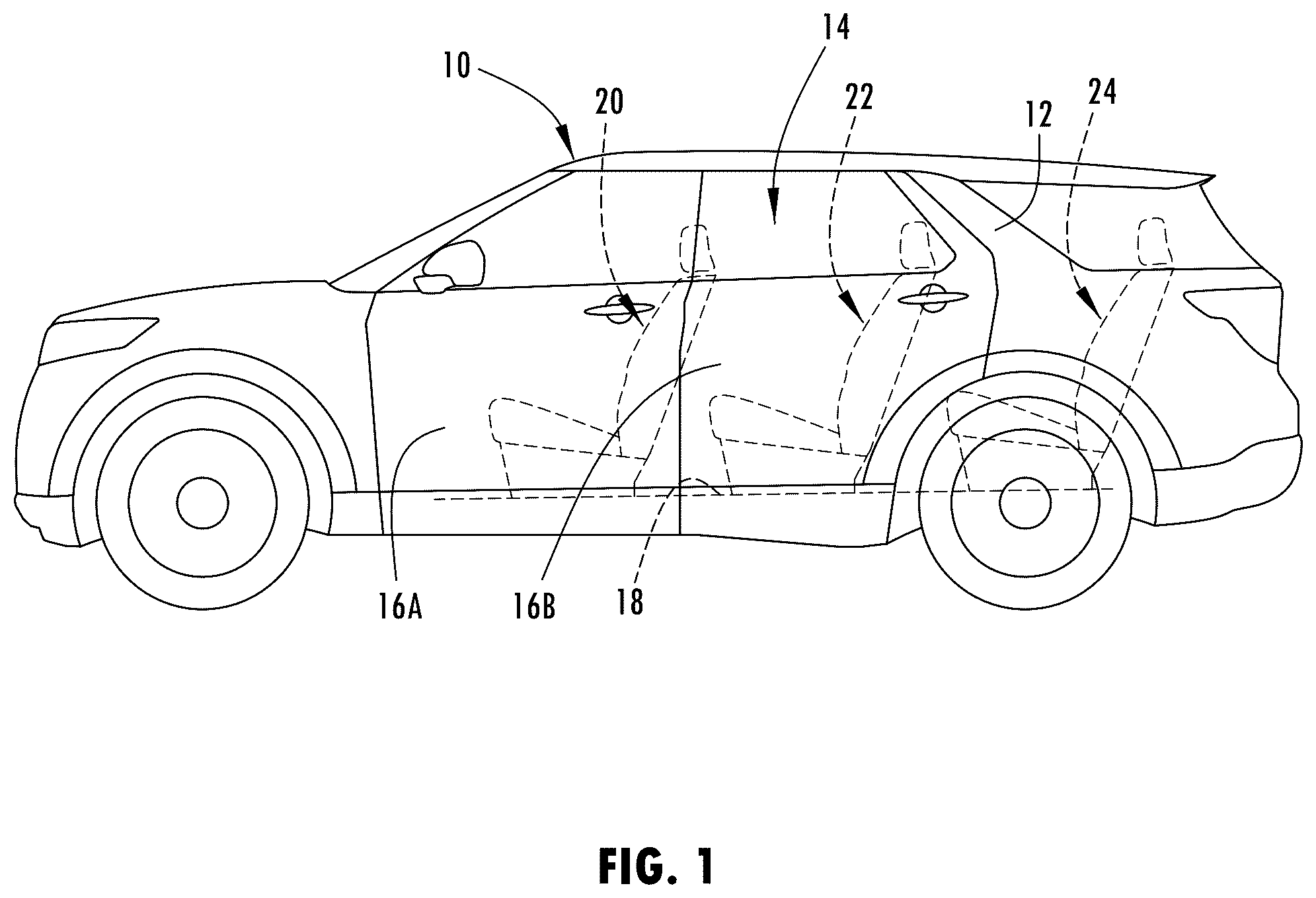 Patent US12097791 — Vehicle seating system having convertible center seat — Figure 1