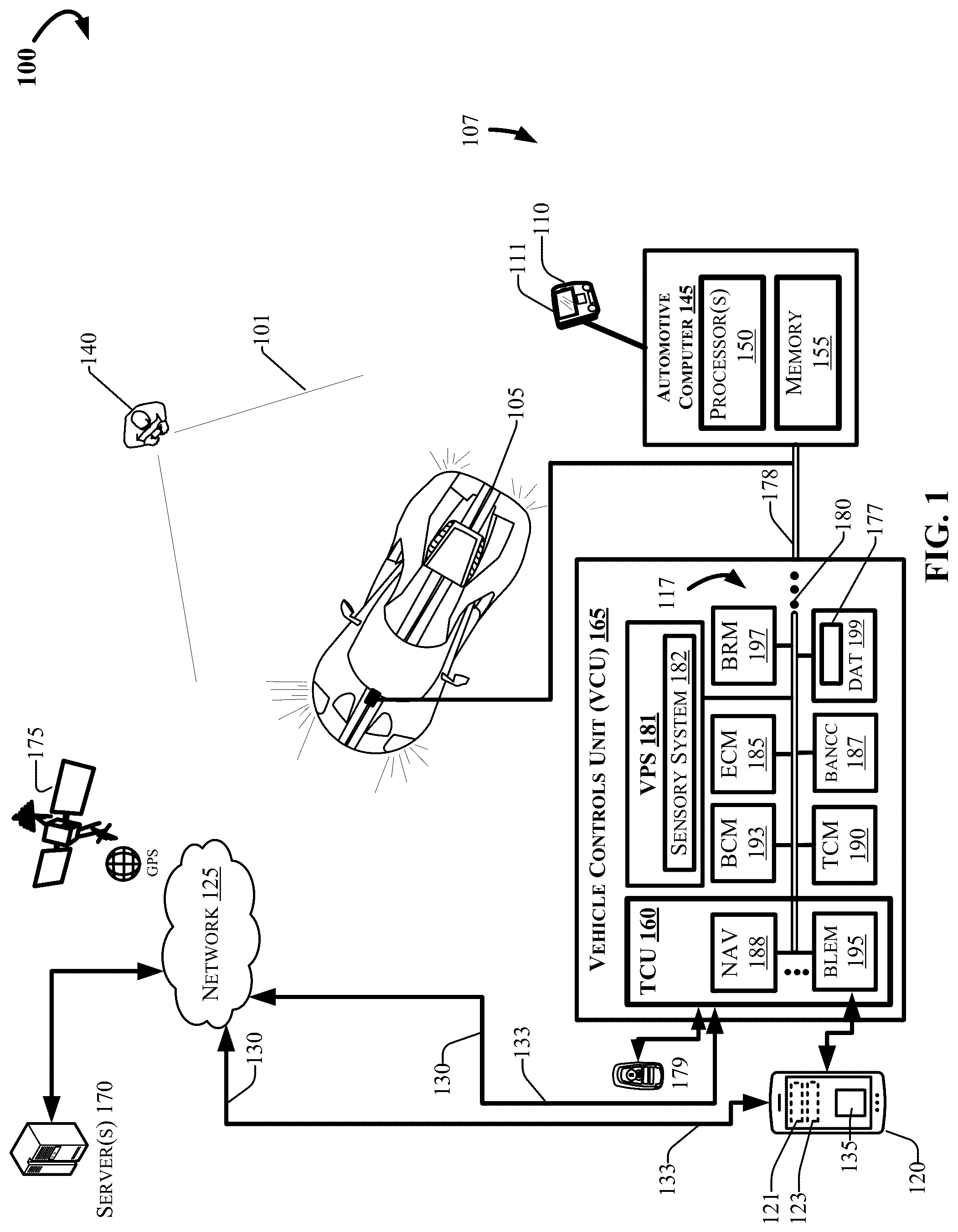 Patent US12097843 — Remote park assist augmented reality user engagement with cameraless detection — Figure 1
