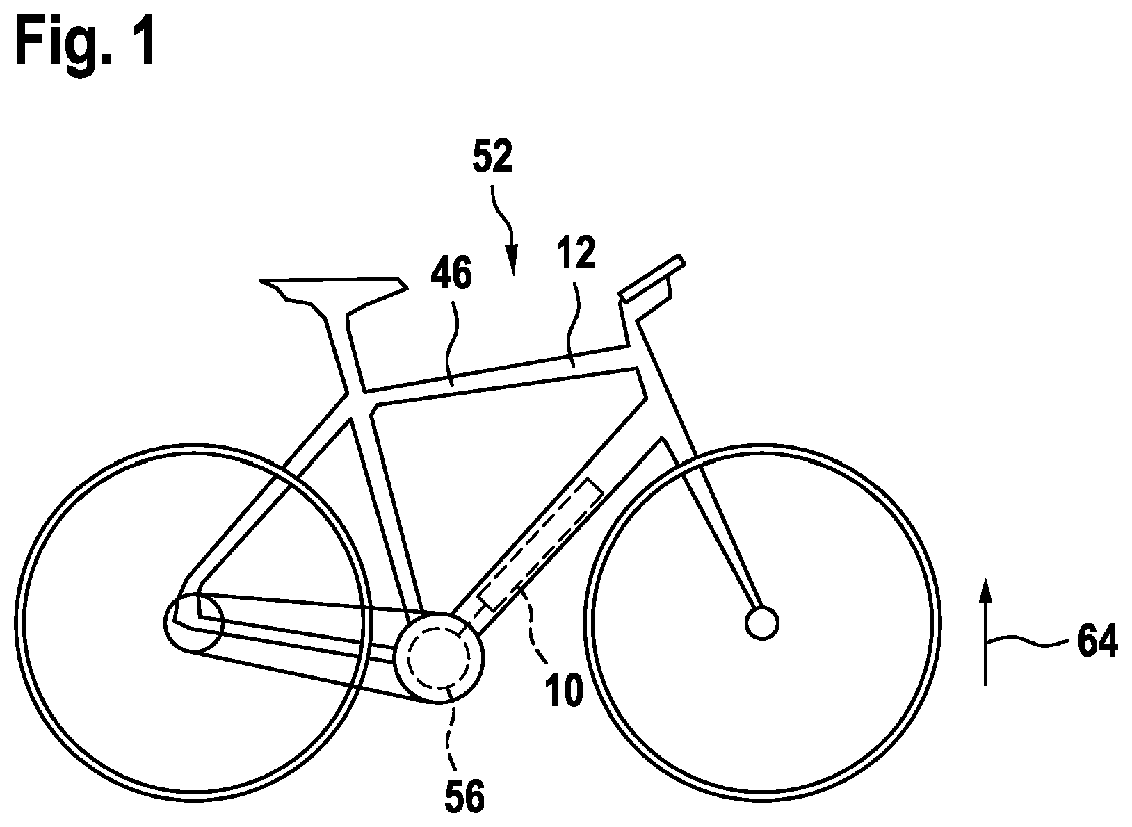 Patent US12097921 Figure 1 – Holding device for releasably holding an energy store on a frame unit, and bicycle frame