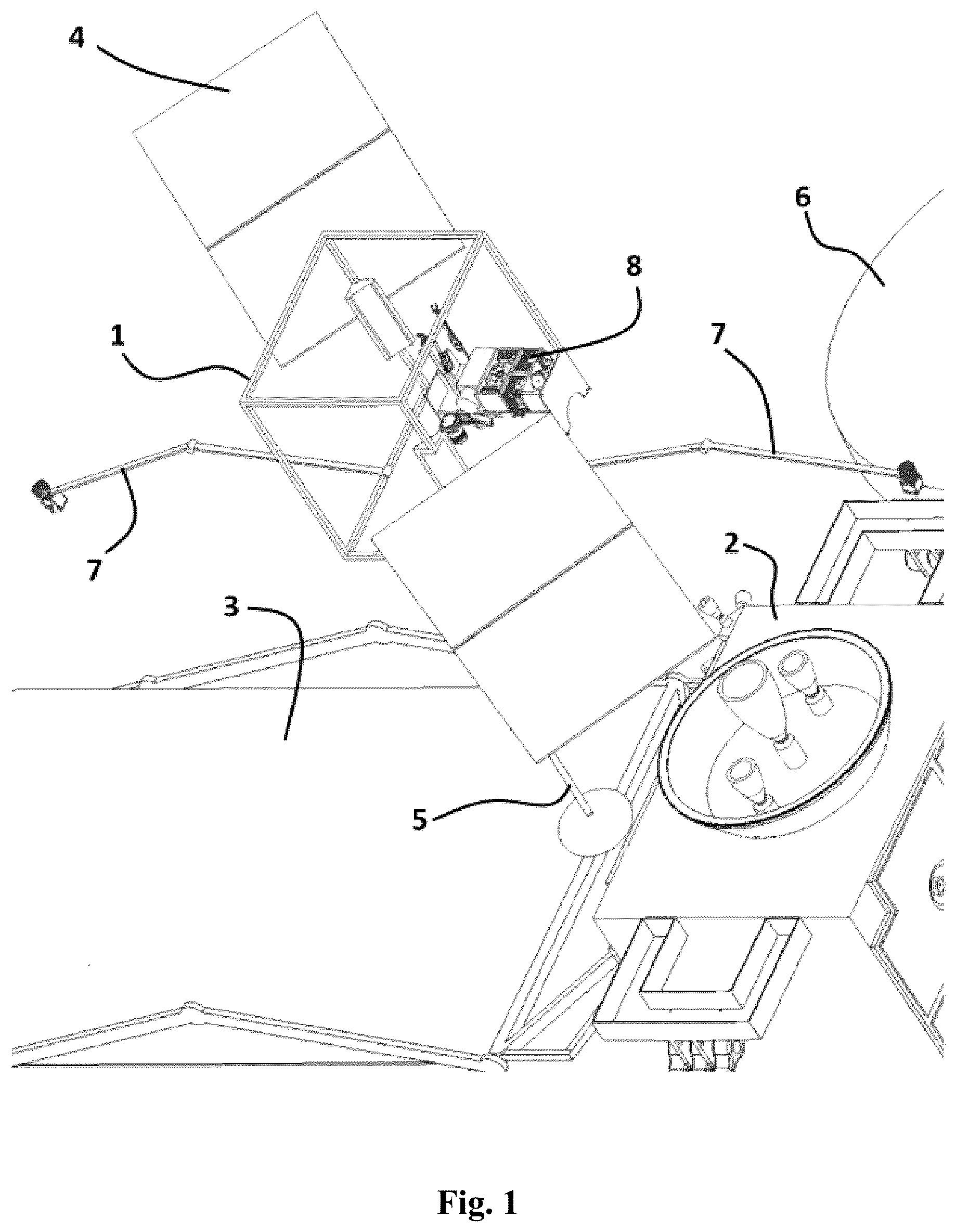 Patent US12097978 — Docking structure for satellite docking including a parallel manipulator with a telescopic capturing pincher and a plurality of motorized clamps — Figure 1