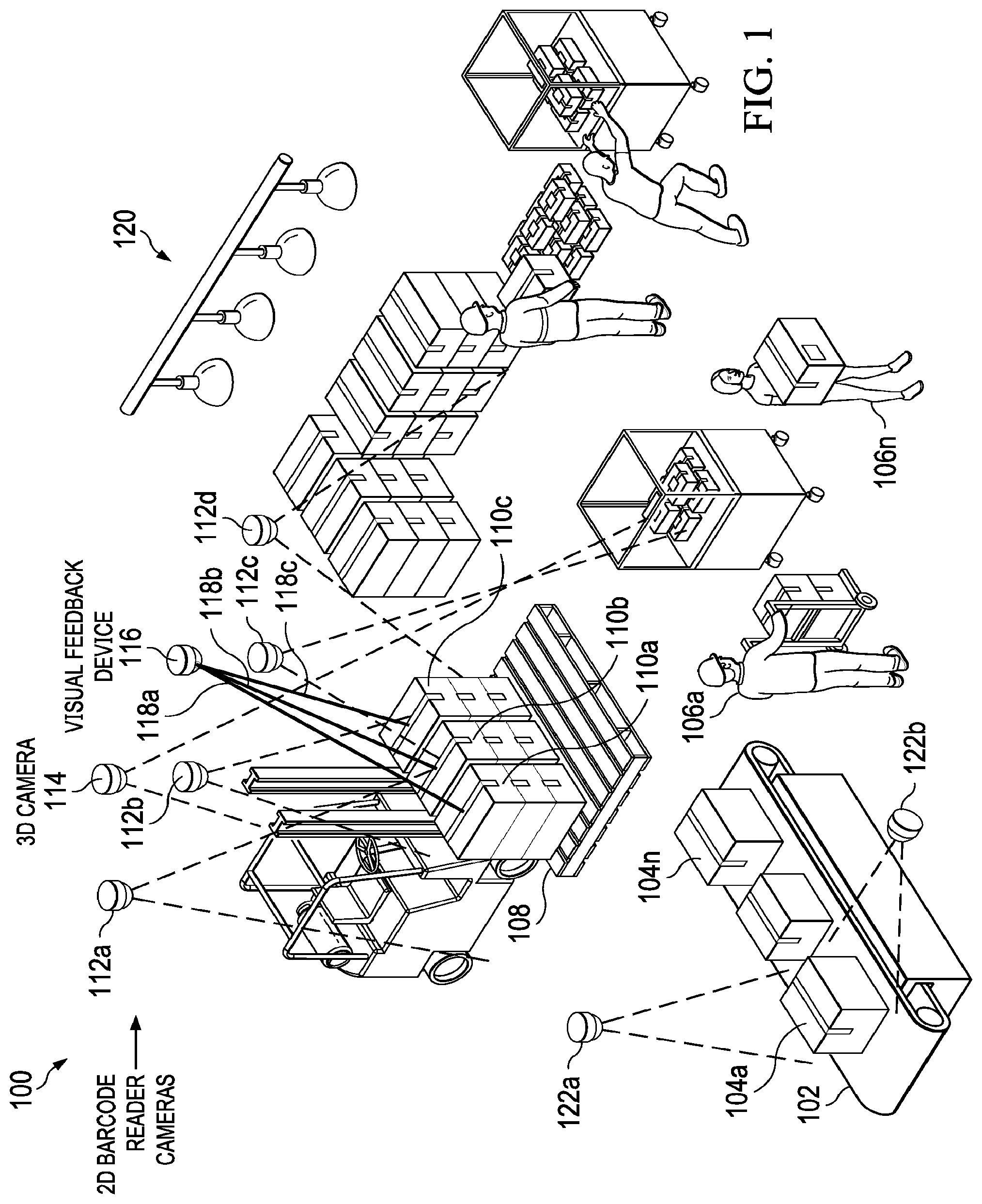 Patent US12098032 Figure 1 – Smart warehouse, conveyor, and pallet management system