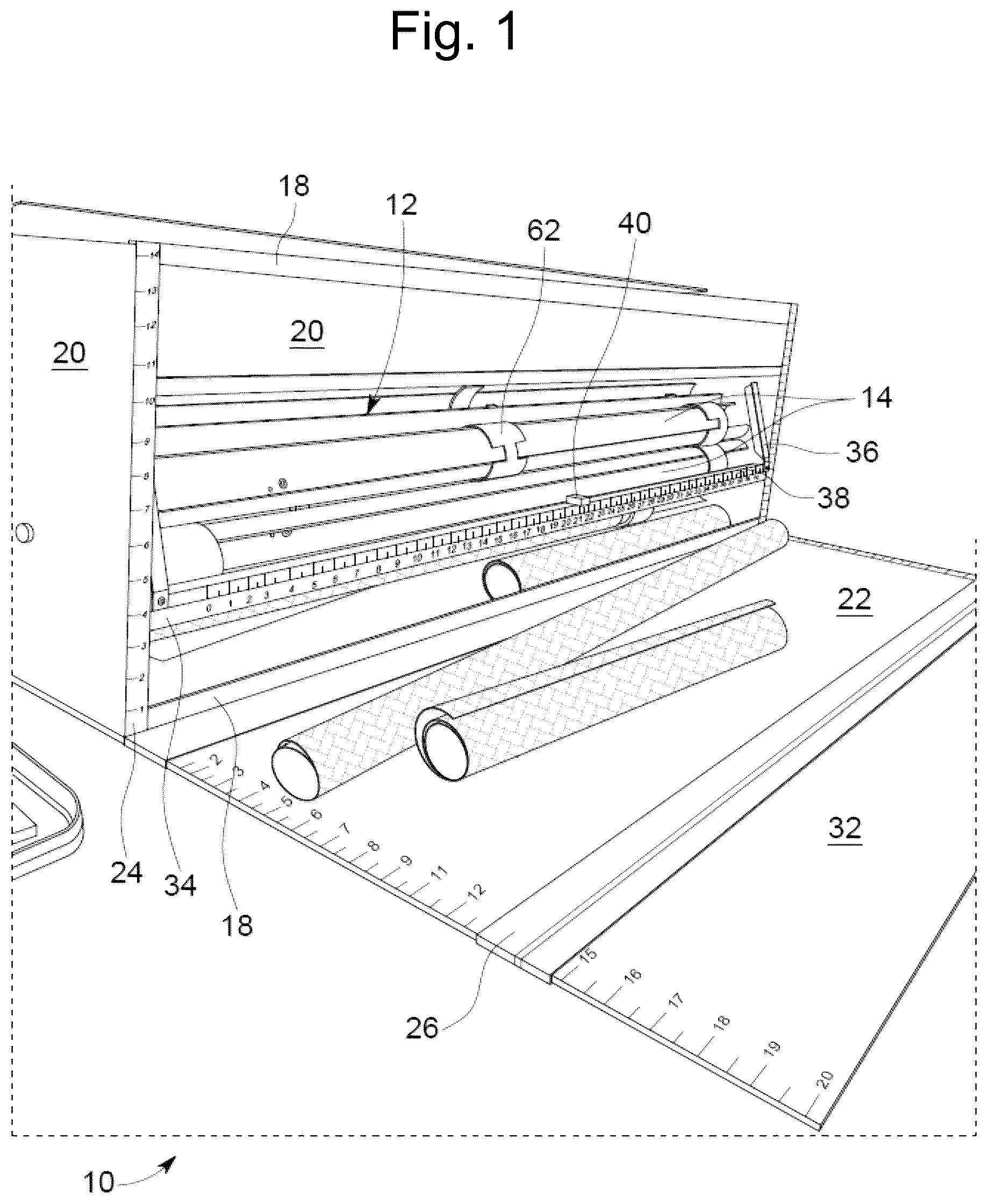 Patent US12098048 — Wrapping paper storage and dispensing device — Figure 1