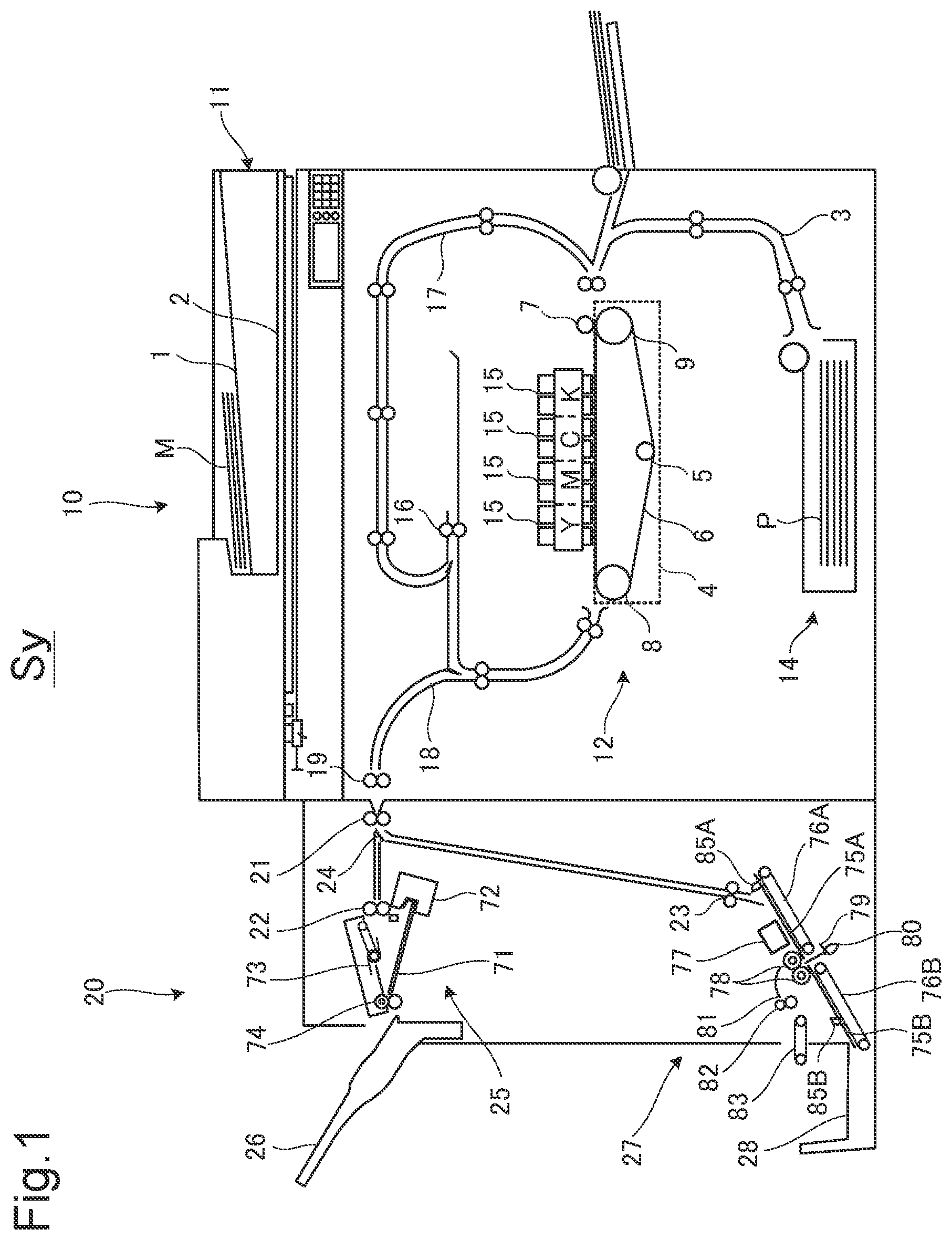 Patent US12098052 Figure 1 – Postprocessing device that matches moving speed of tip portion of folding blade with moving speed of circumferential surface of pair of folding rollers, at predetermined timing