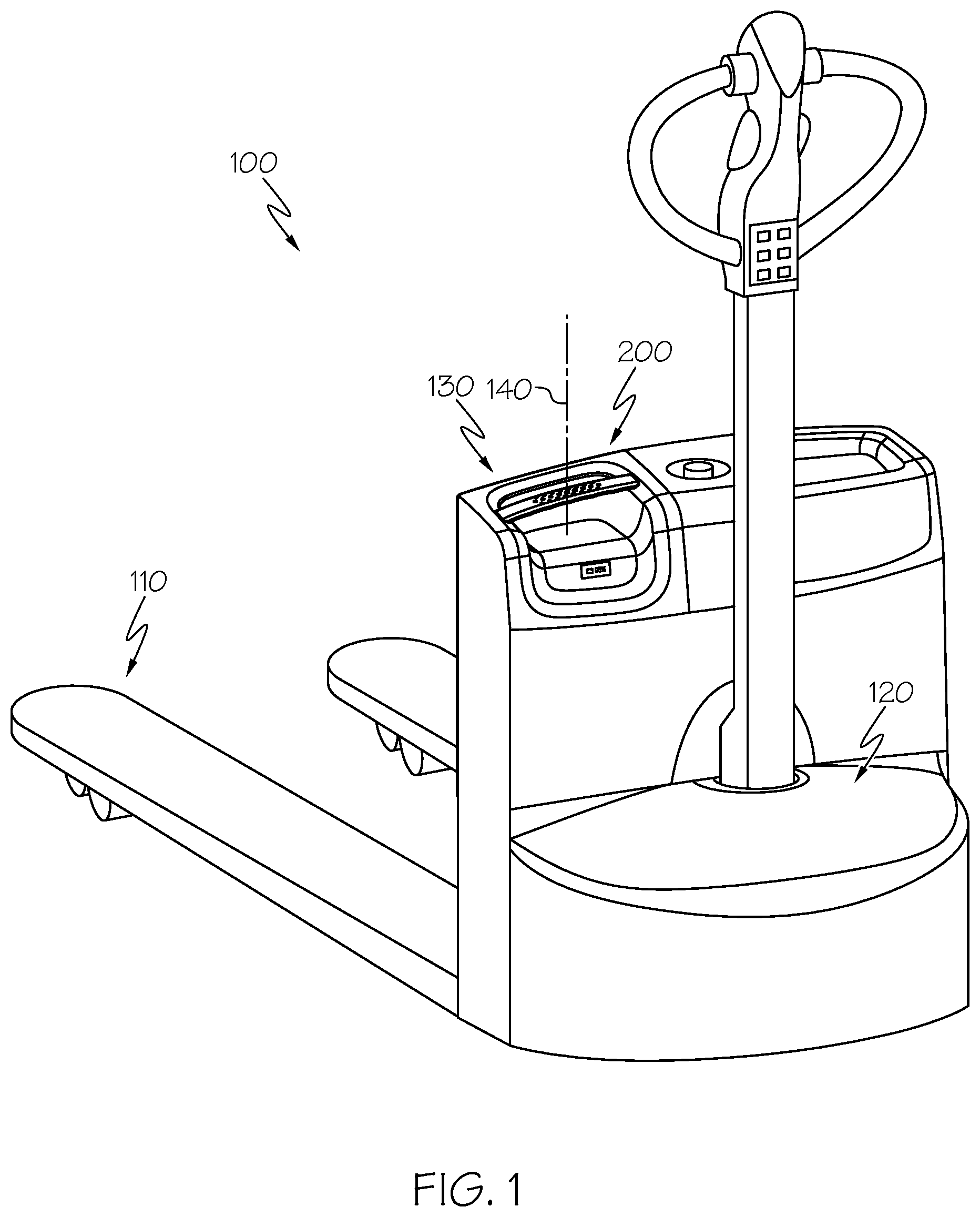 Patent US12098064 Figure 1 – Battery guide blocks for a battery receiving space of a materials handling vehicle, and materials handling vehicles incorporating the same
