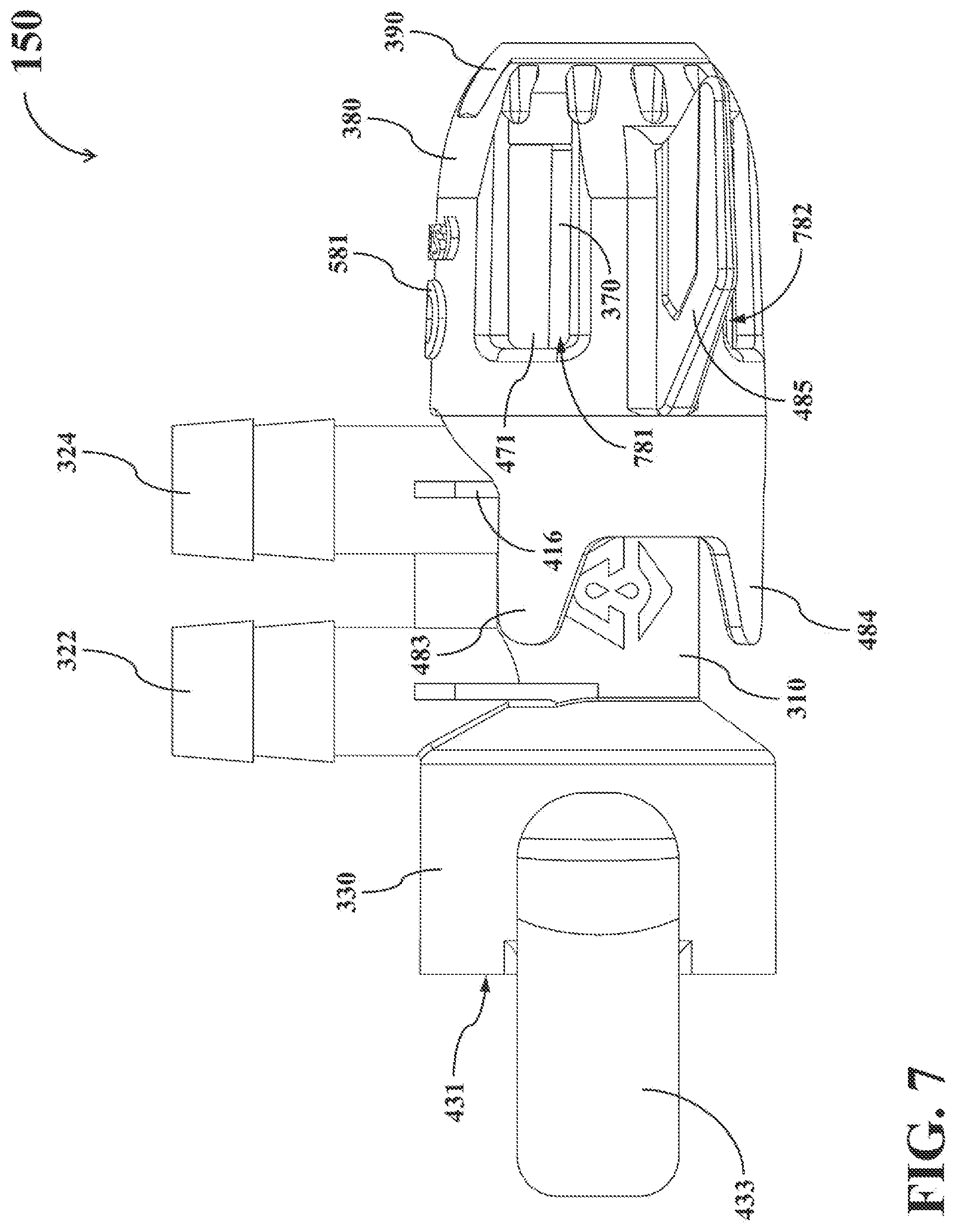 Patent US12098066 Figure 7 – Dual-mode fluid connector having bended plate and rotatable element