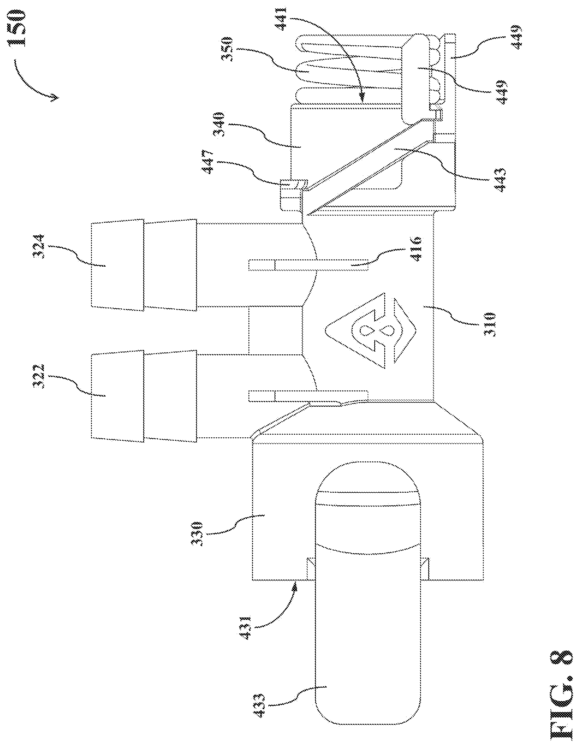 Patent US12098066 Figure 8 – Dual-mode fluid connector having bended plate and rotatable element