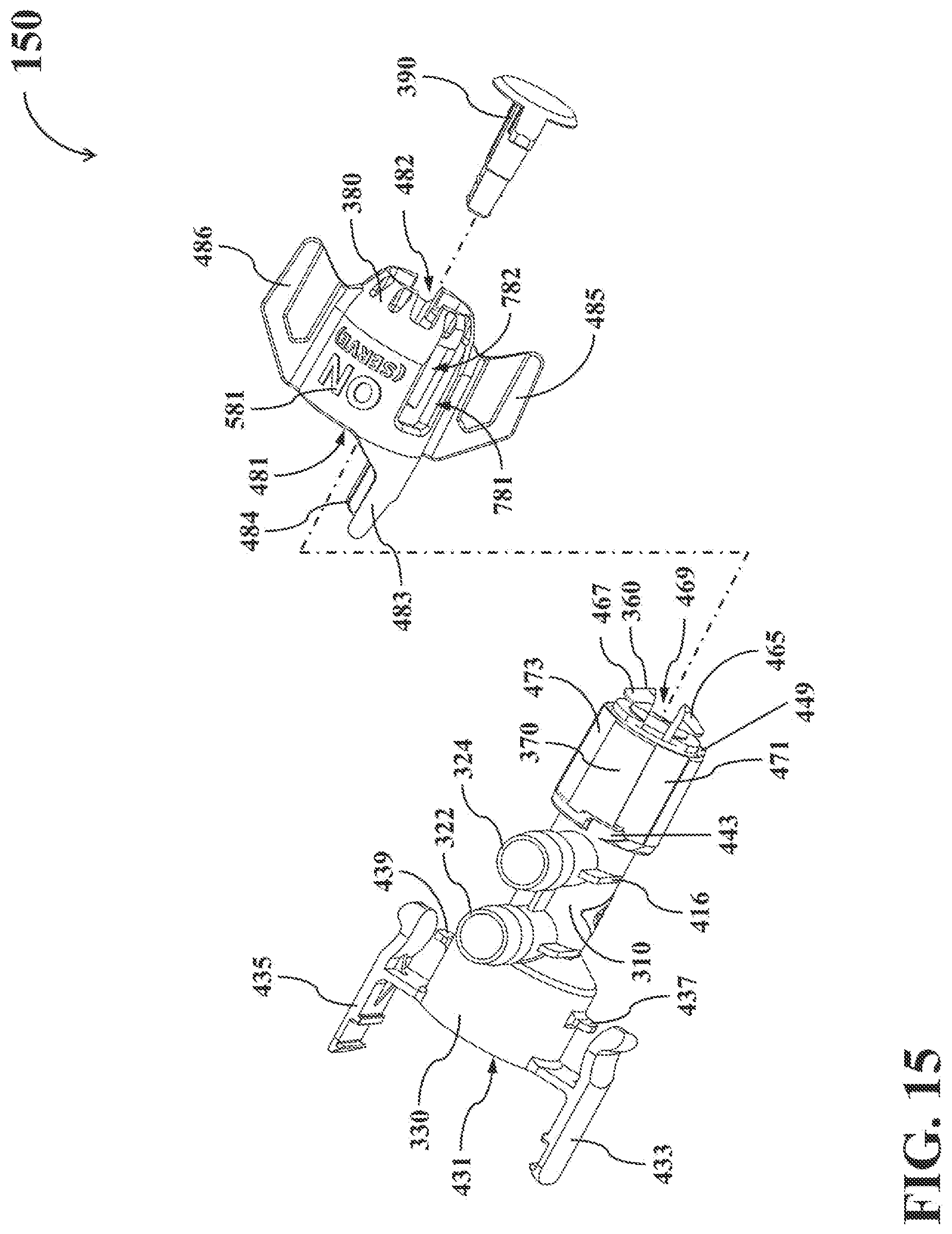 Patent US12098066 Figure 15 – Dual-mode fluid connector having bended plate and rotatable element