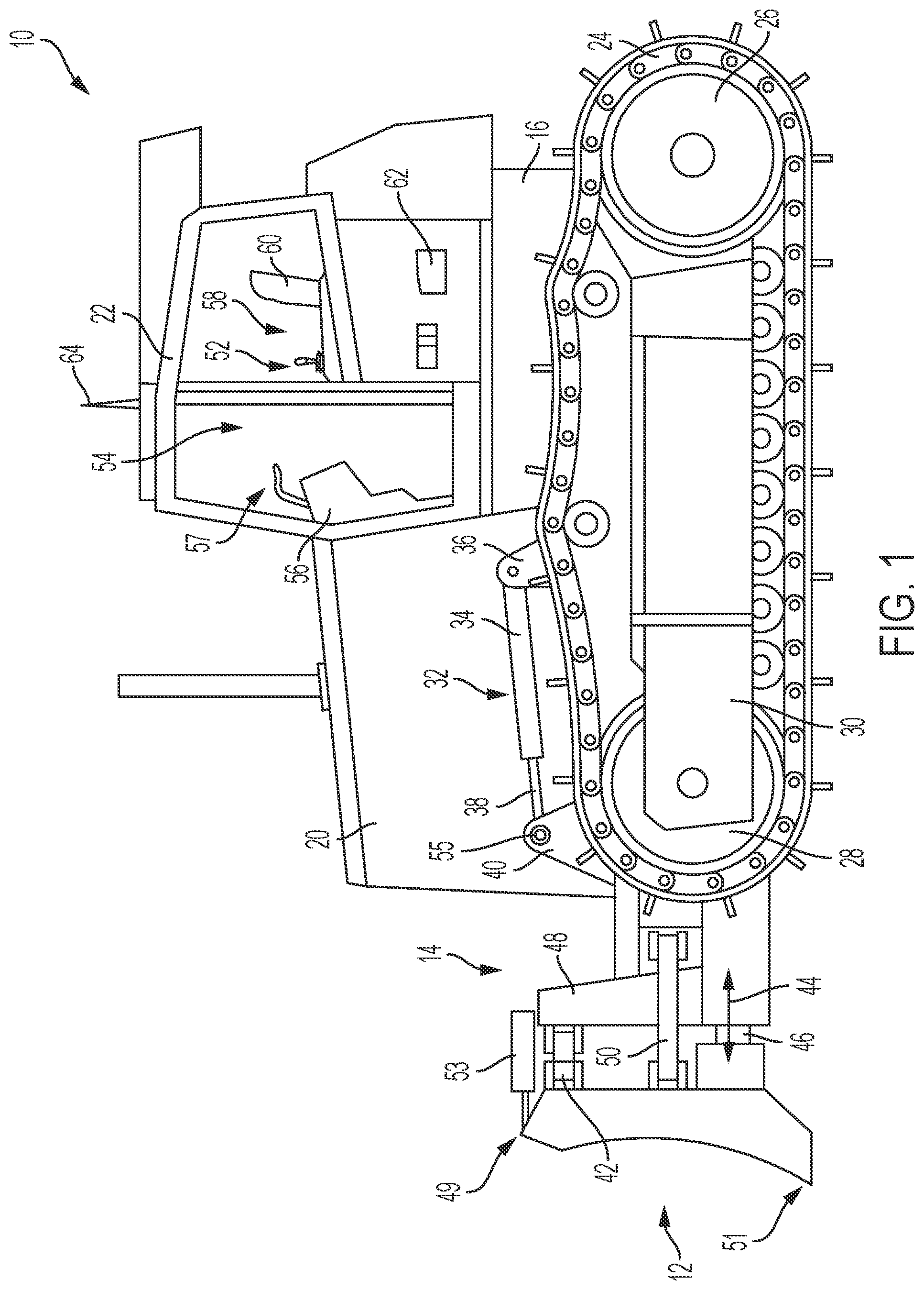 Patent US12098517 — Work machine with automatic pitch control of implement — Figure 1