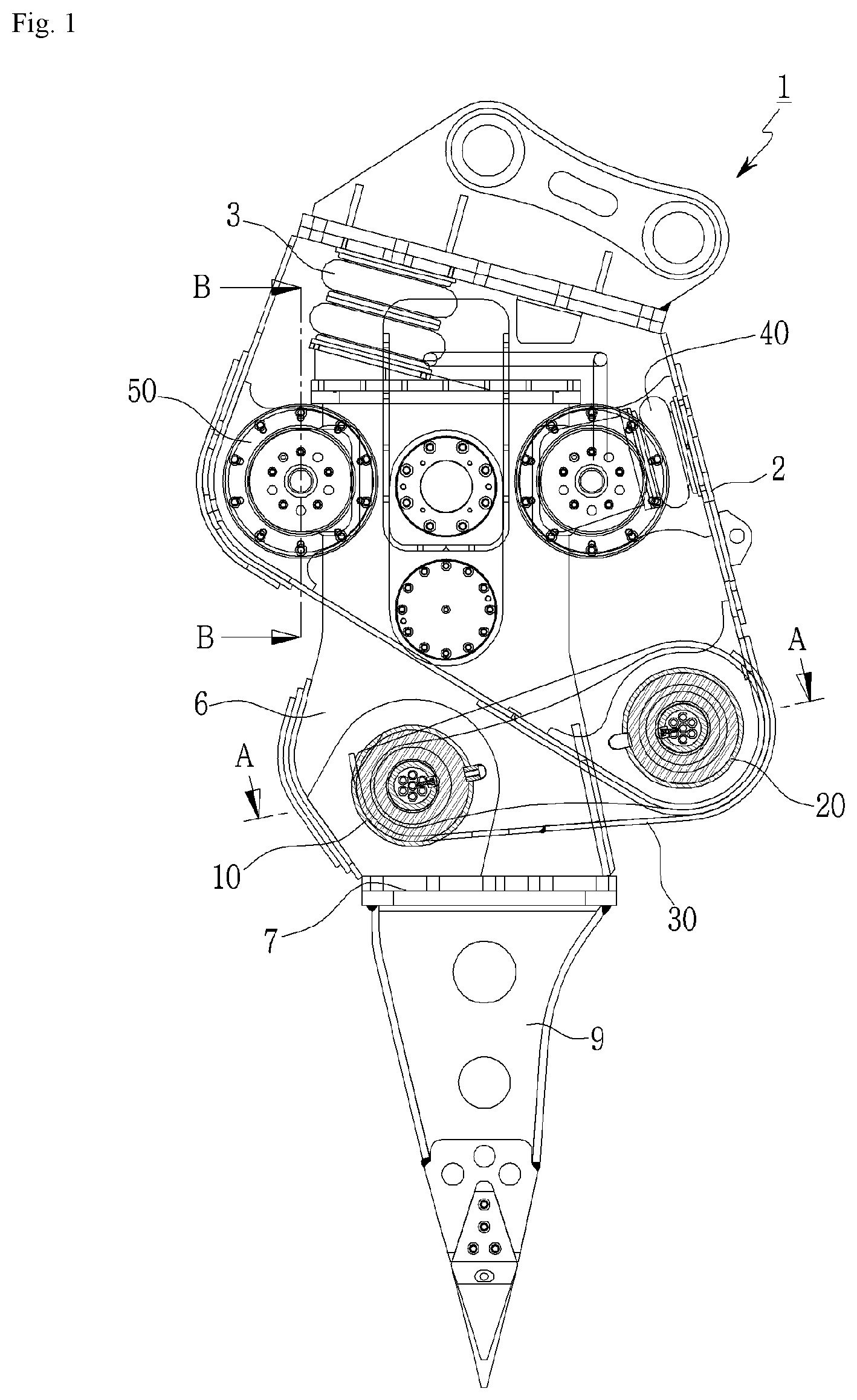 Patent US12098518 — Vibration ripper having link structure with improved vibration isolating function — Figure 1