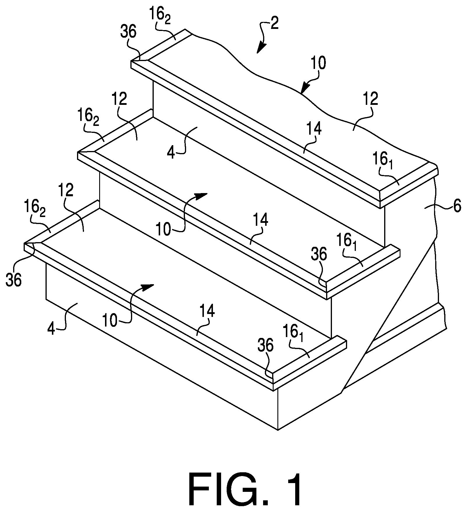 Patent US12098554 Figure 1 – Returned stair tread having moisture compensating joint and method for making the same