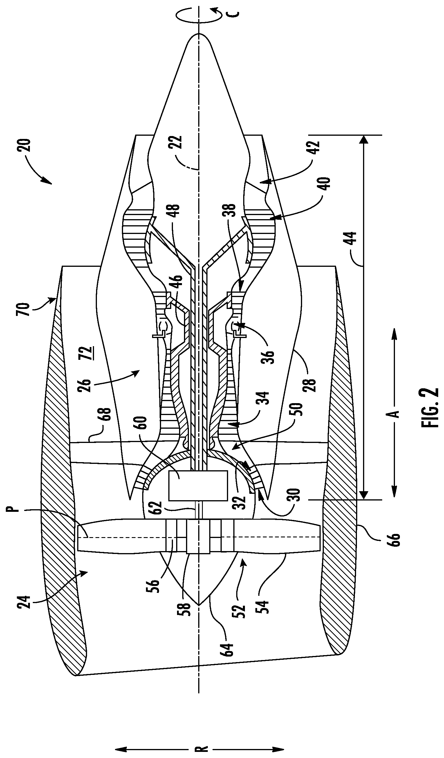 Patent US12098649 Figure 2 – Gas turbine engine accessory packaging