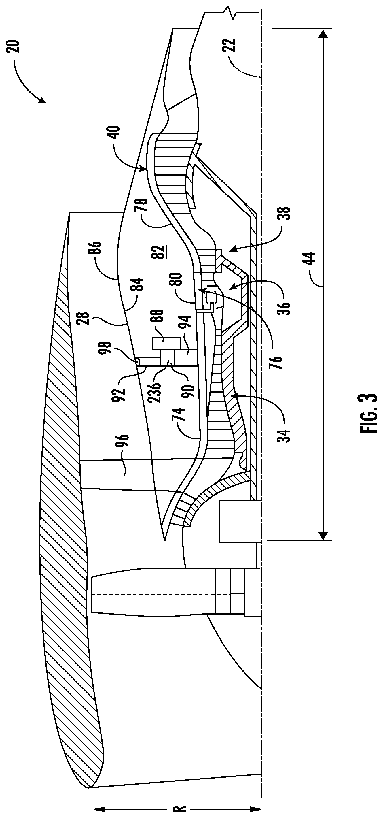 Patent US12098649 Figure 3 – Gas turbine engine accessory packaging