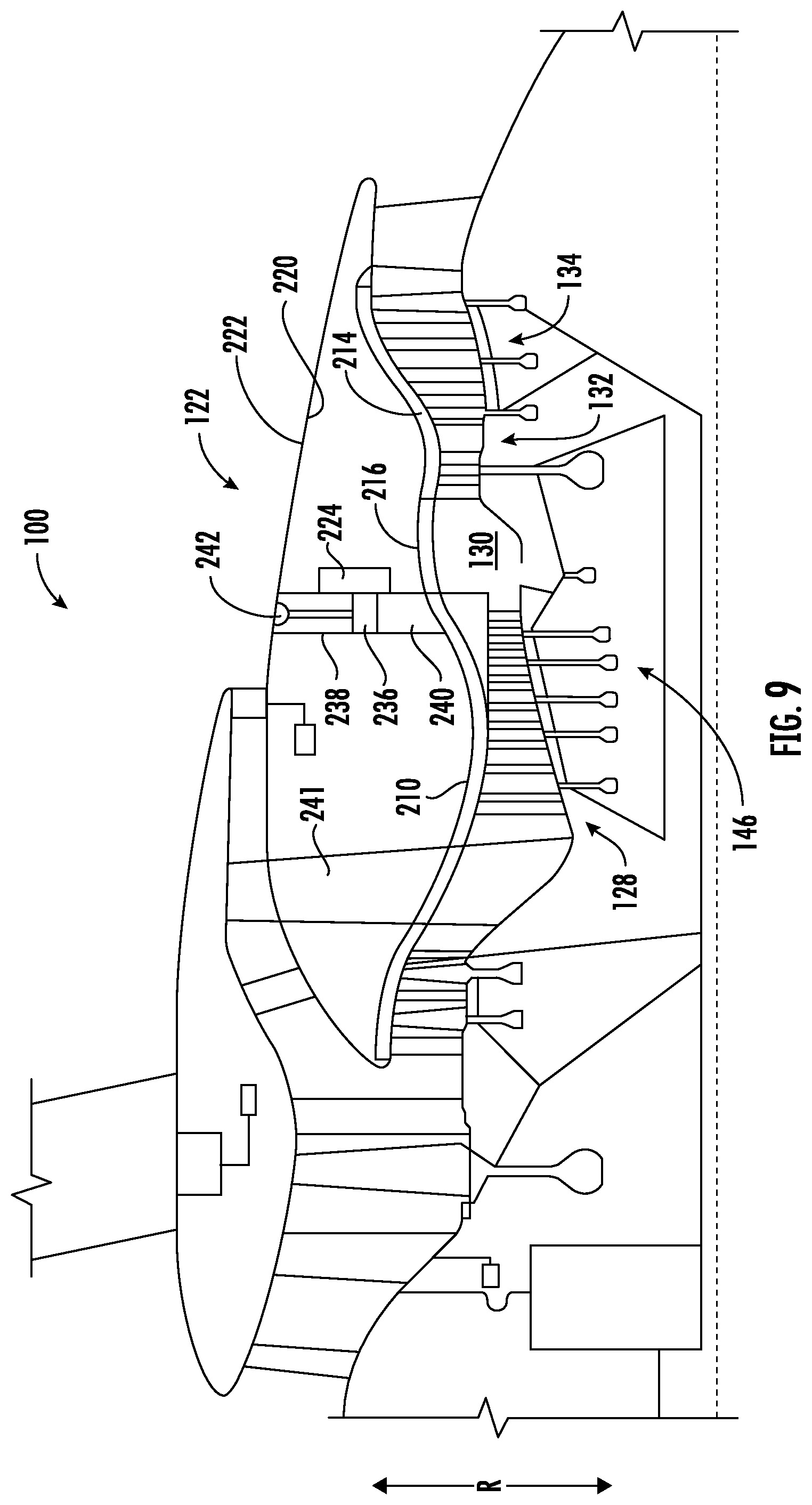 Patent US12098649 Figure 9 – Gas turbine engine accessory packaging