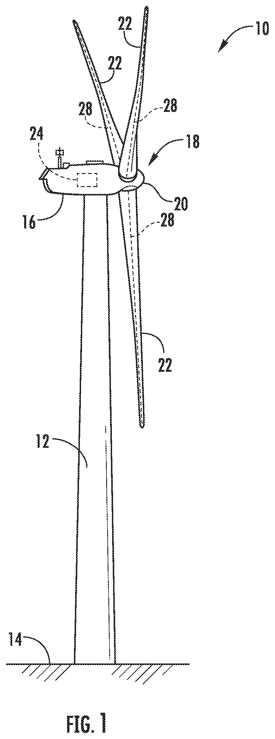 Patent US12098704 Figure 1 – System and method for mitigating loads acting on a rotor blade of a wind turbine