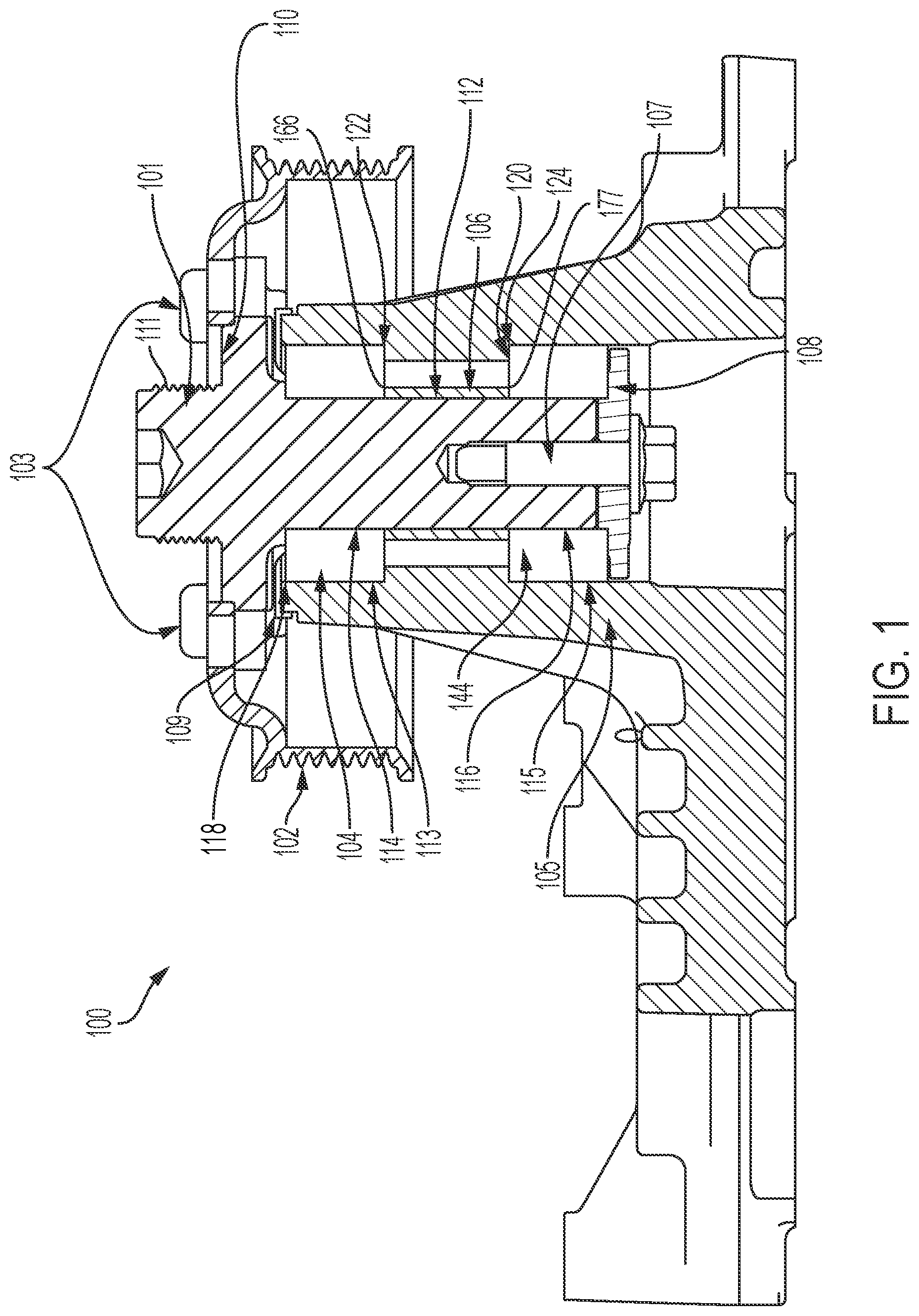 Patent US12098762 — Low axial runout driven pulley through the application of a spindle shaft utilizing multiple sets of bearings with radial clearance to the shaft — Figure 1