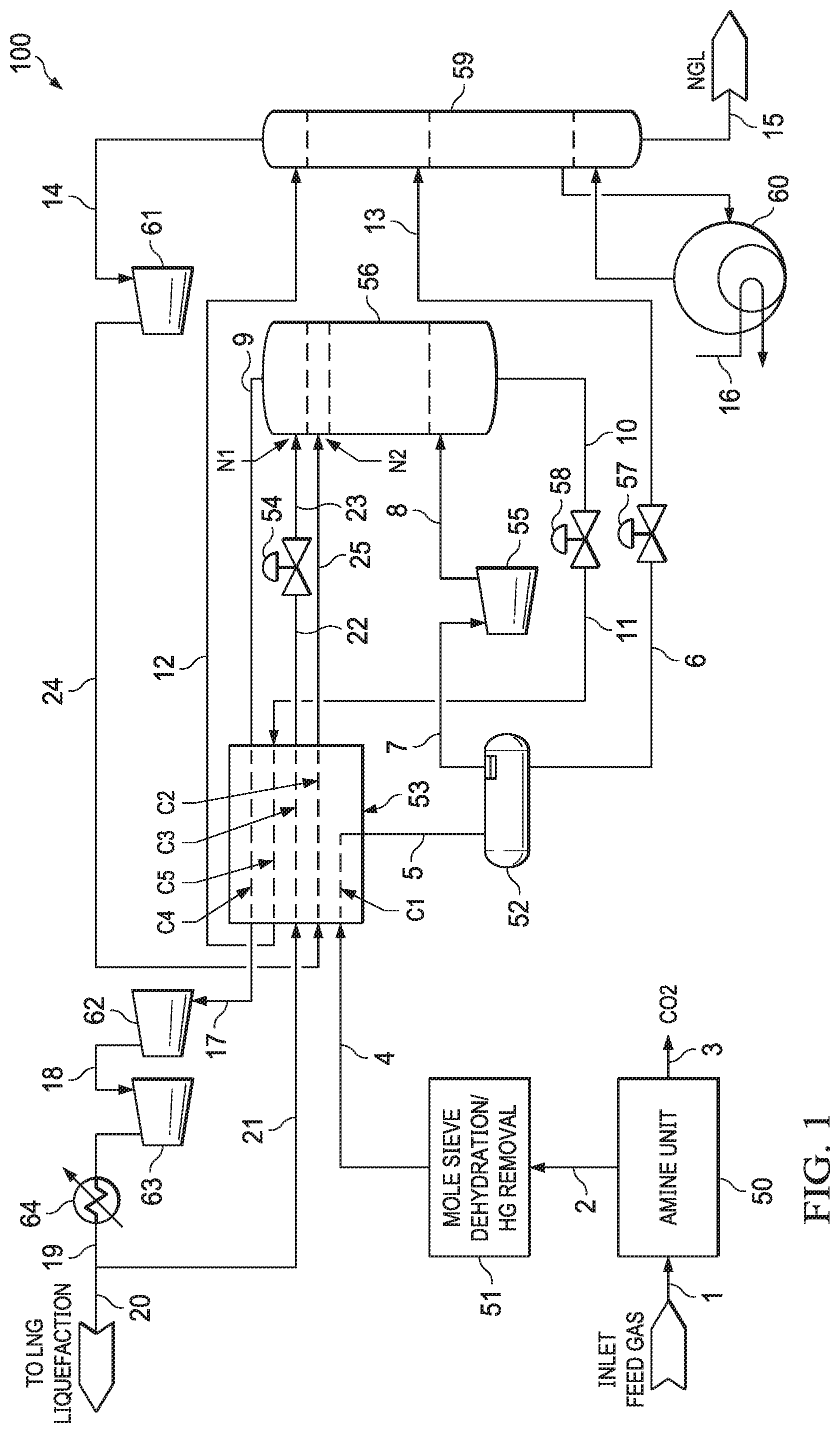 Patent US12098882 — Heavy hydrocarbon and BTEX removal from pipeline gas to LNG liquefaction — Figure 1
