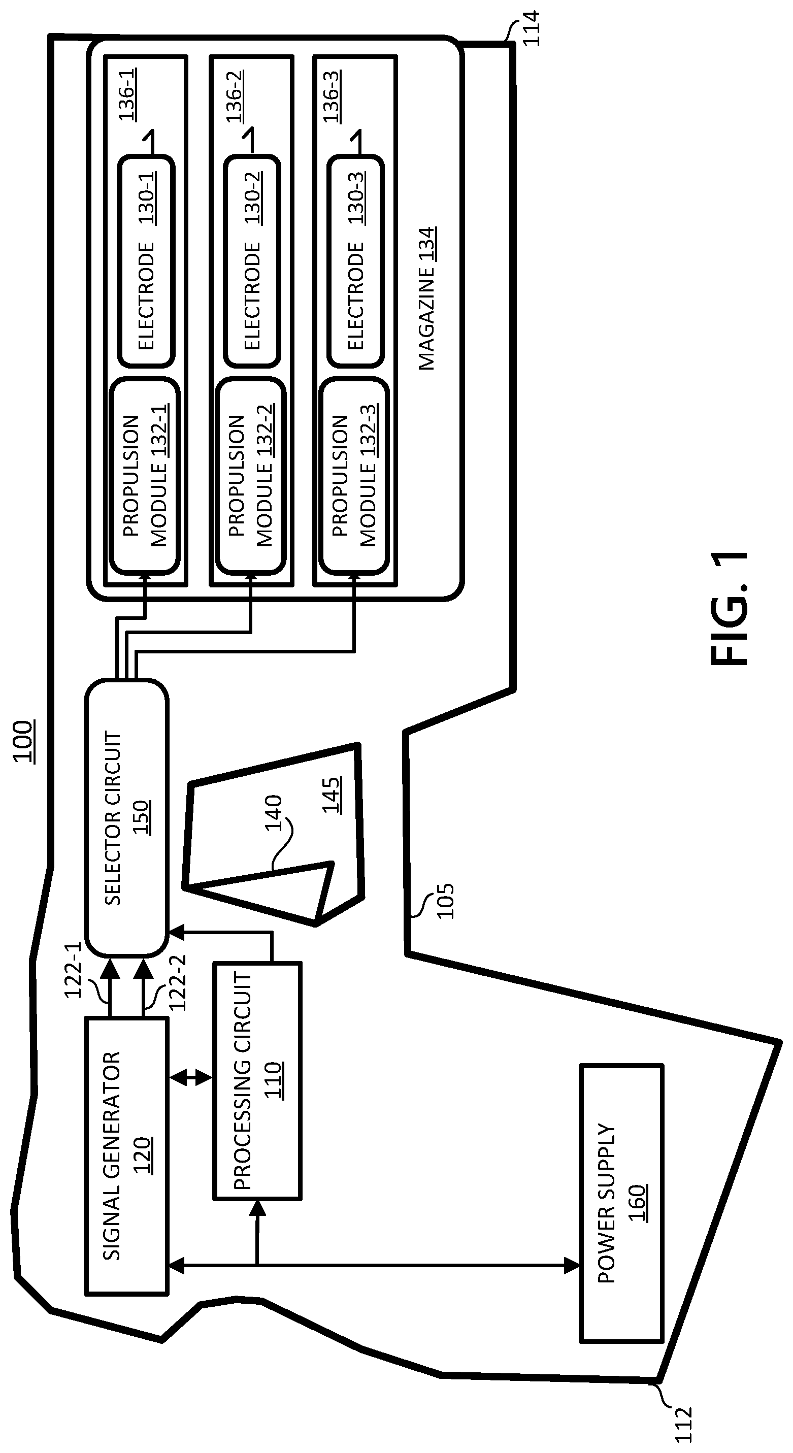Patent US12098907 Figure 1 – Serial electrode deployment for conducted electrical weapon