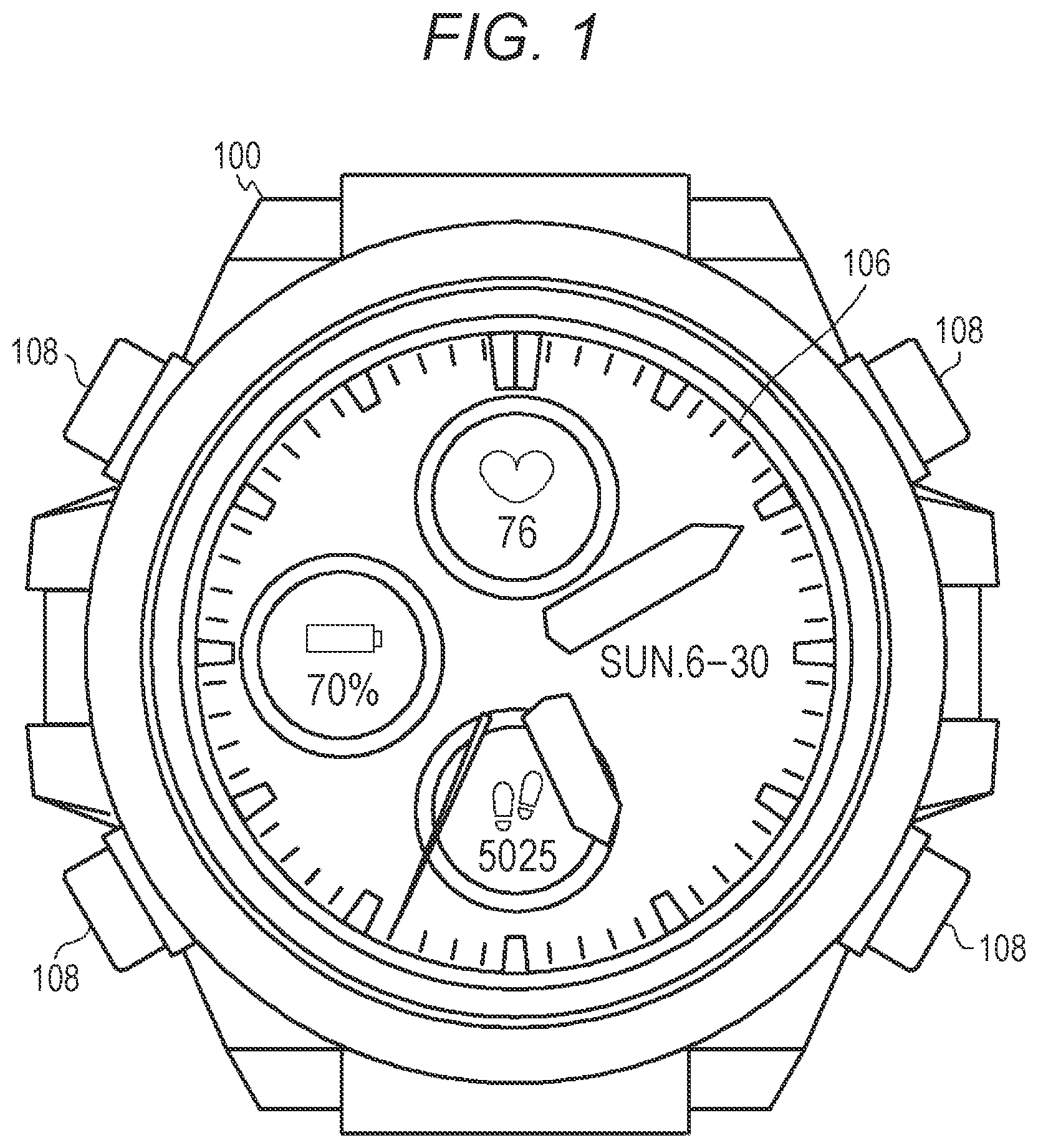 Patent US12099332 — Display control device, electronic watch, display control method, and recording medium — Figure 1
