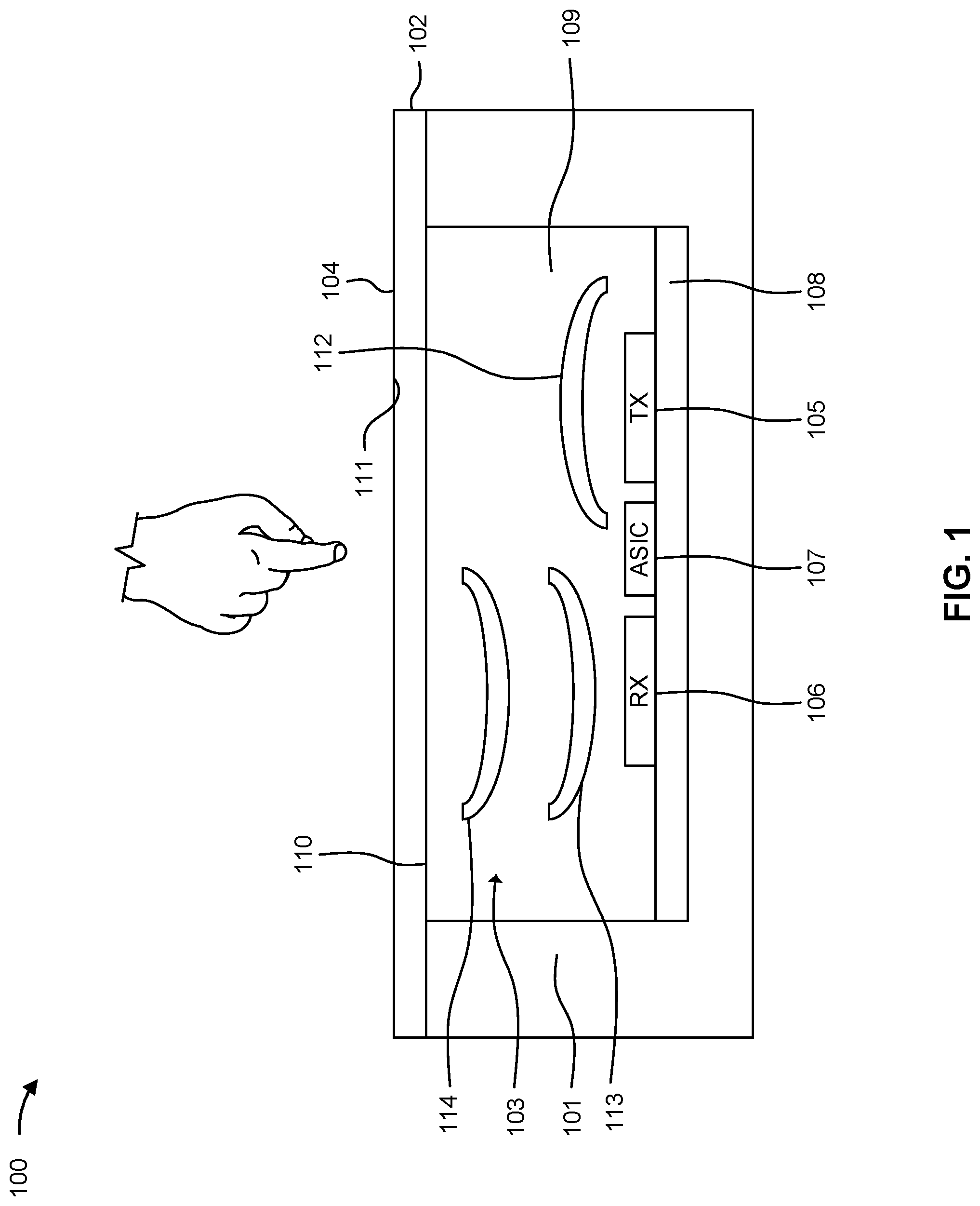 Patent US12099685 — Water rejection mechanism for ultrasonic touch sensors based on individually processed interfaces — Figure 1