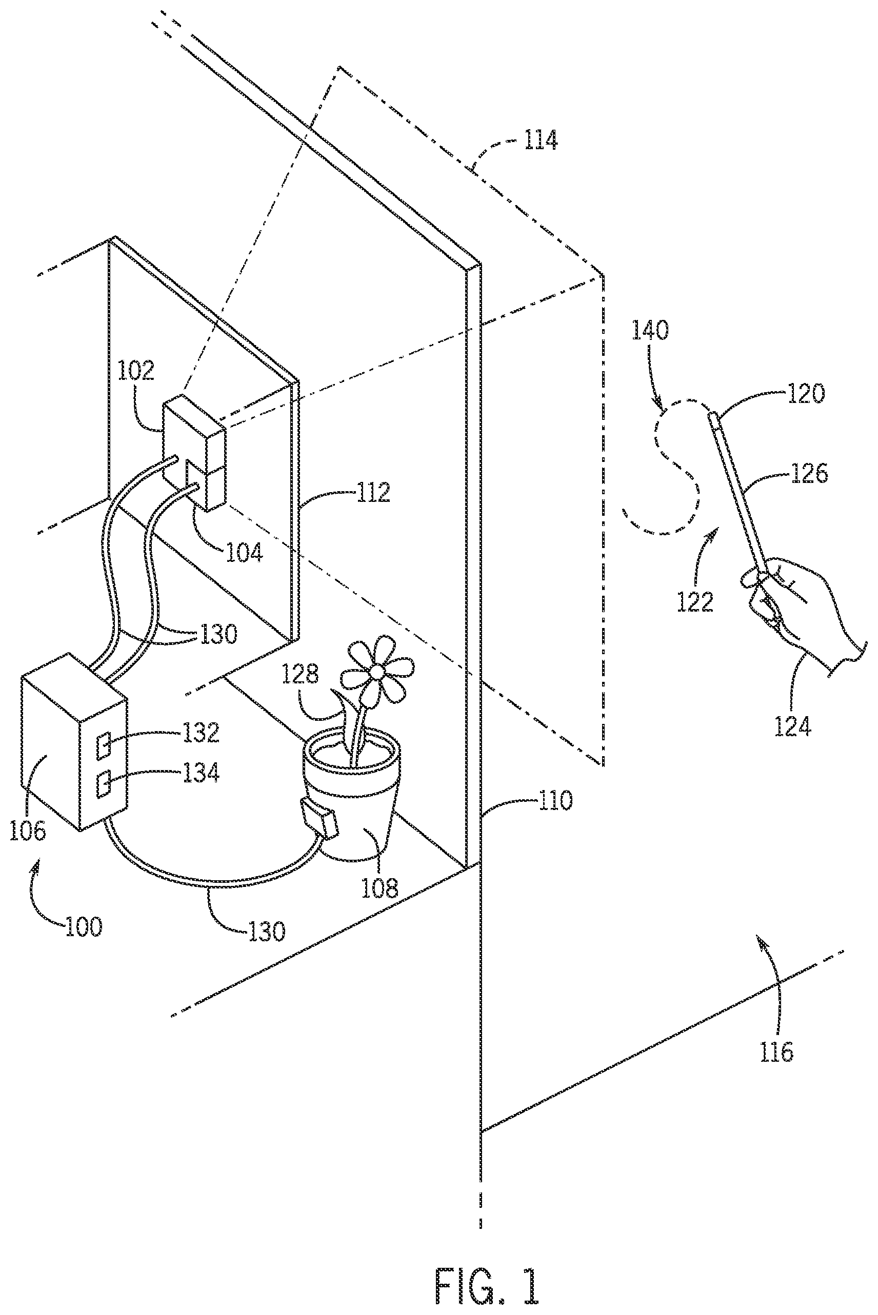 Patent US12100292 — System and method for tracking a passive wand and actuating an effect based on a detected wand path — Figure 1