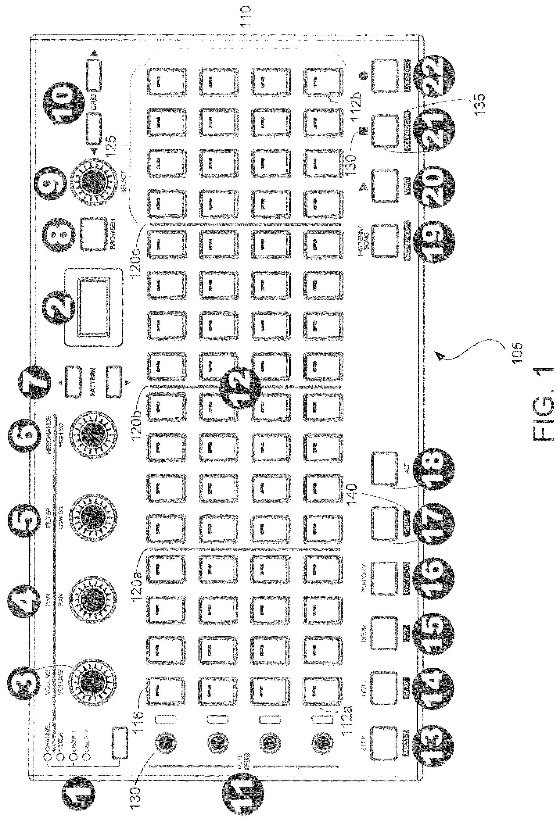 Patent US12100376 — Musical step sequencer and controller — Figure 1