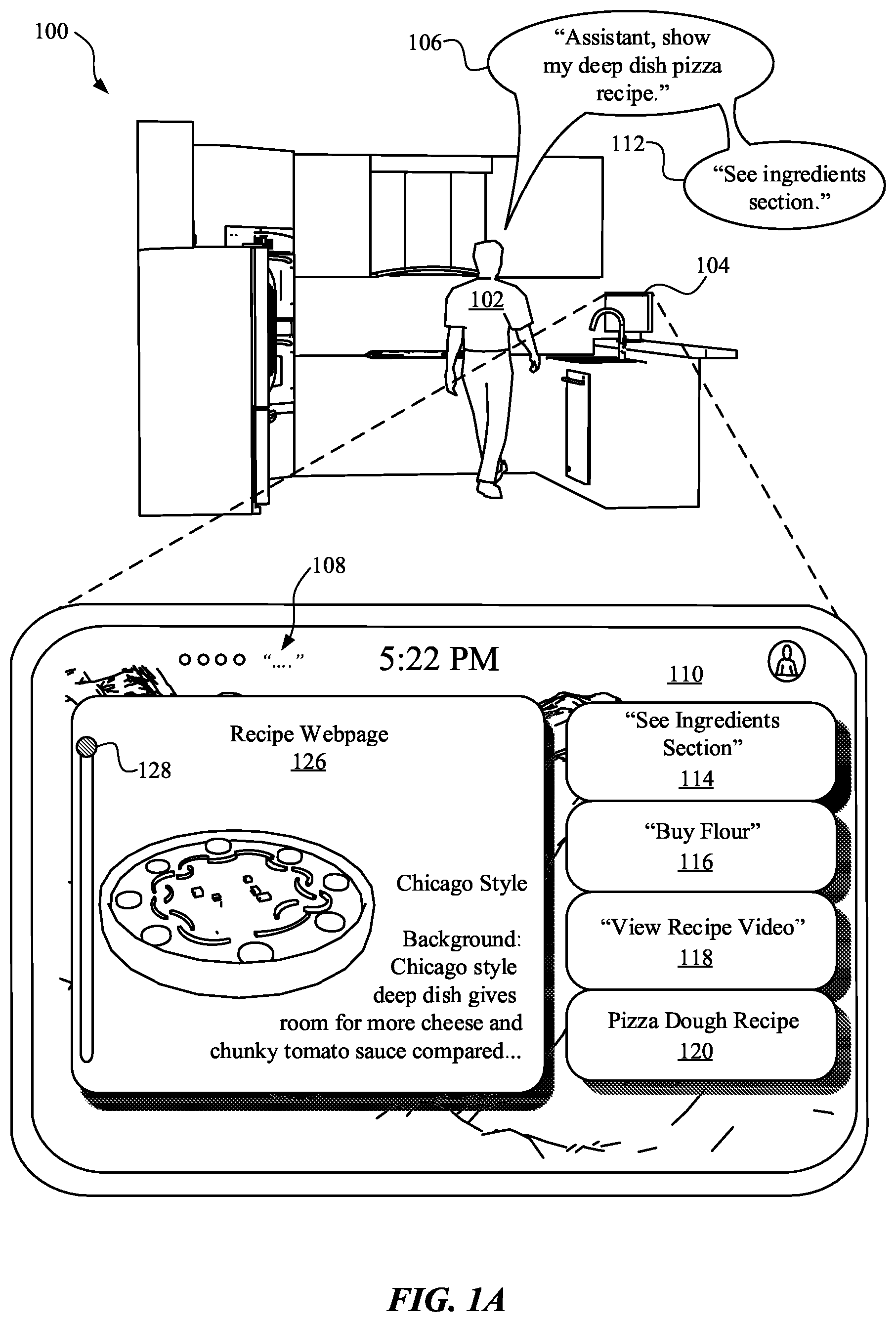 Patent US12100395 Figure 1 – Dynamic assistant suggestions during assistant browsing