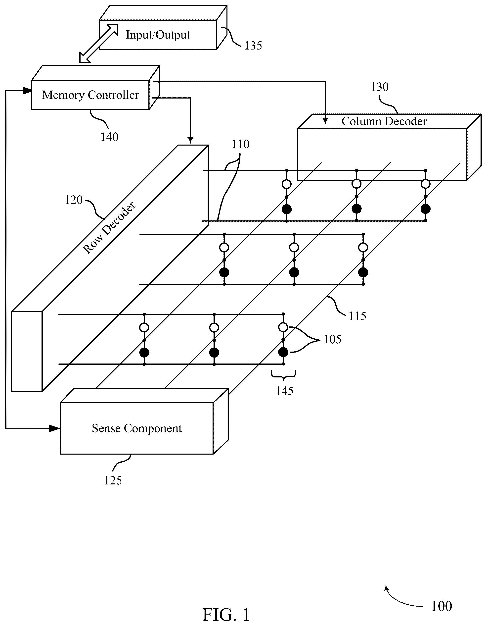 Patent US12100447 Figure 1 – Self-selecting memory array with horizontal access lines