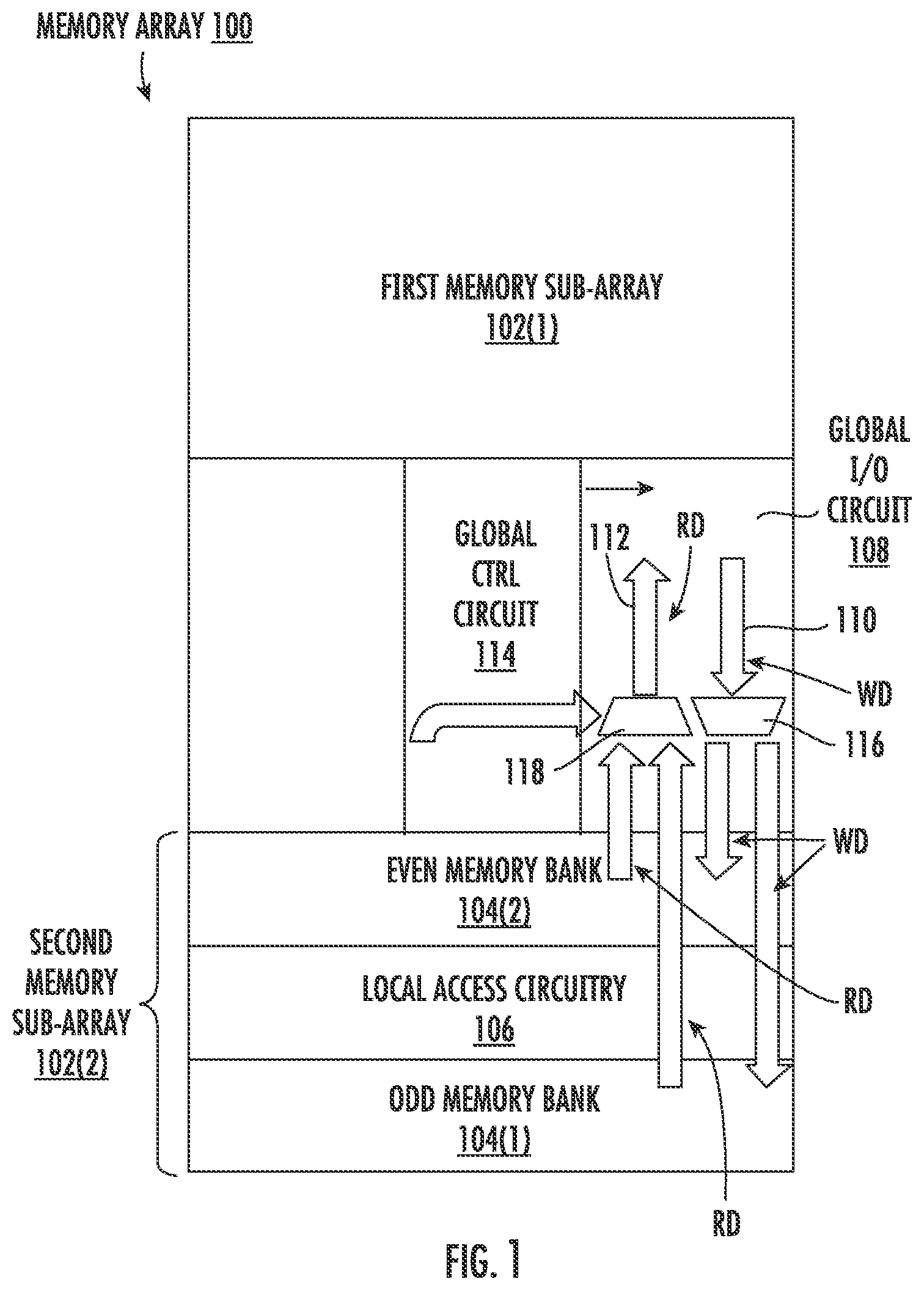 Patent US12100473 — Computer memory arrays employing memory banks and integrated serializer/de-serializer circuits for supporting serialization/de-serialization of read/write data in burst read/write modes, and related methods — Figure 1