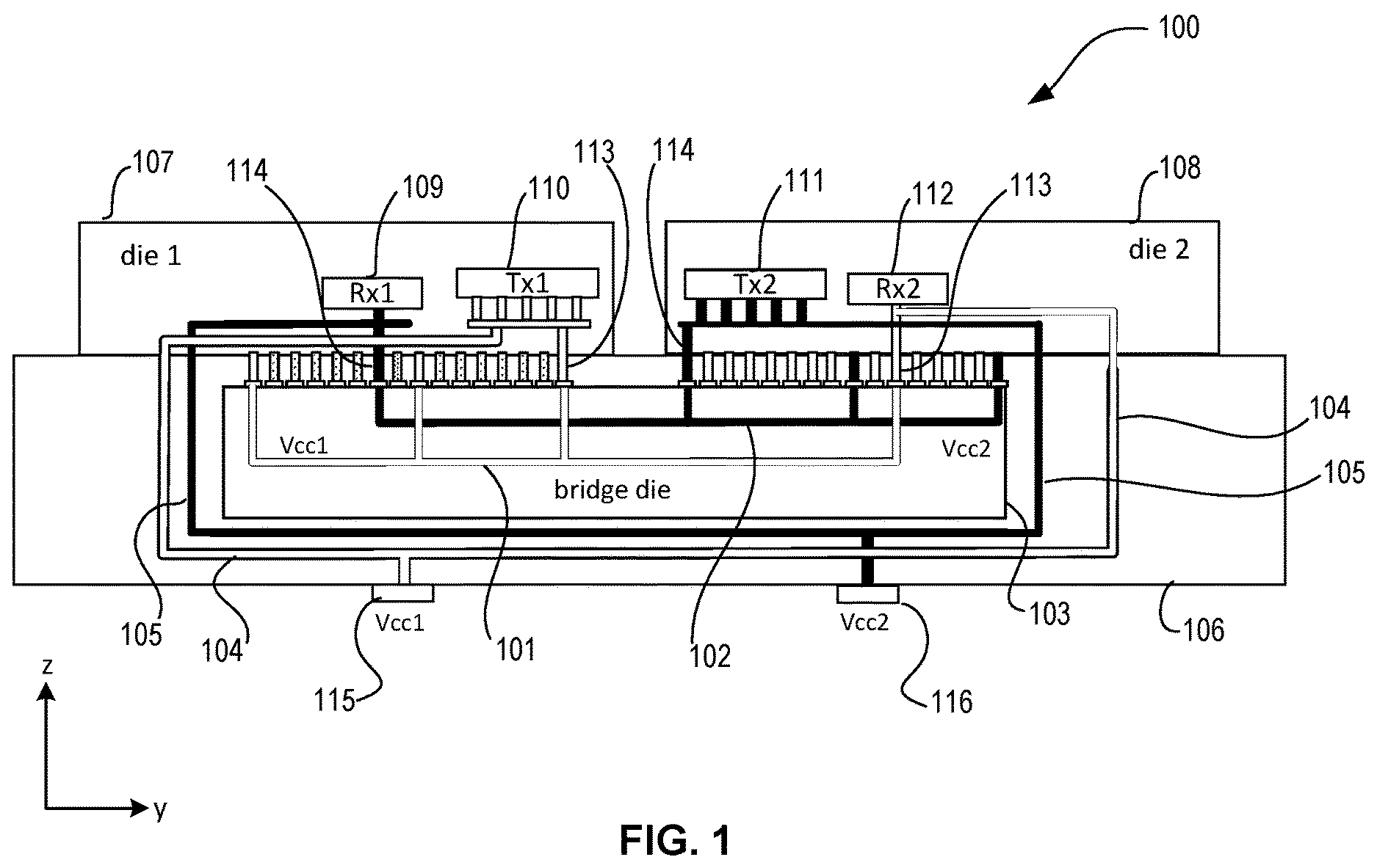 Patent US12100662 — Power-forwarding bridge for inter-chip data signal transfer — Figure 1