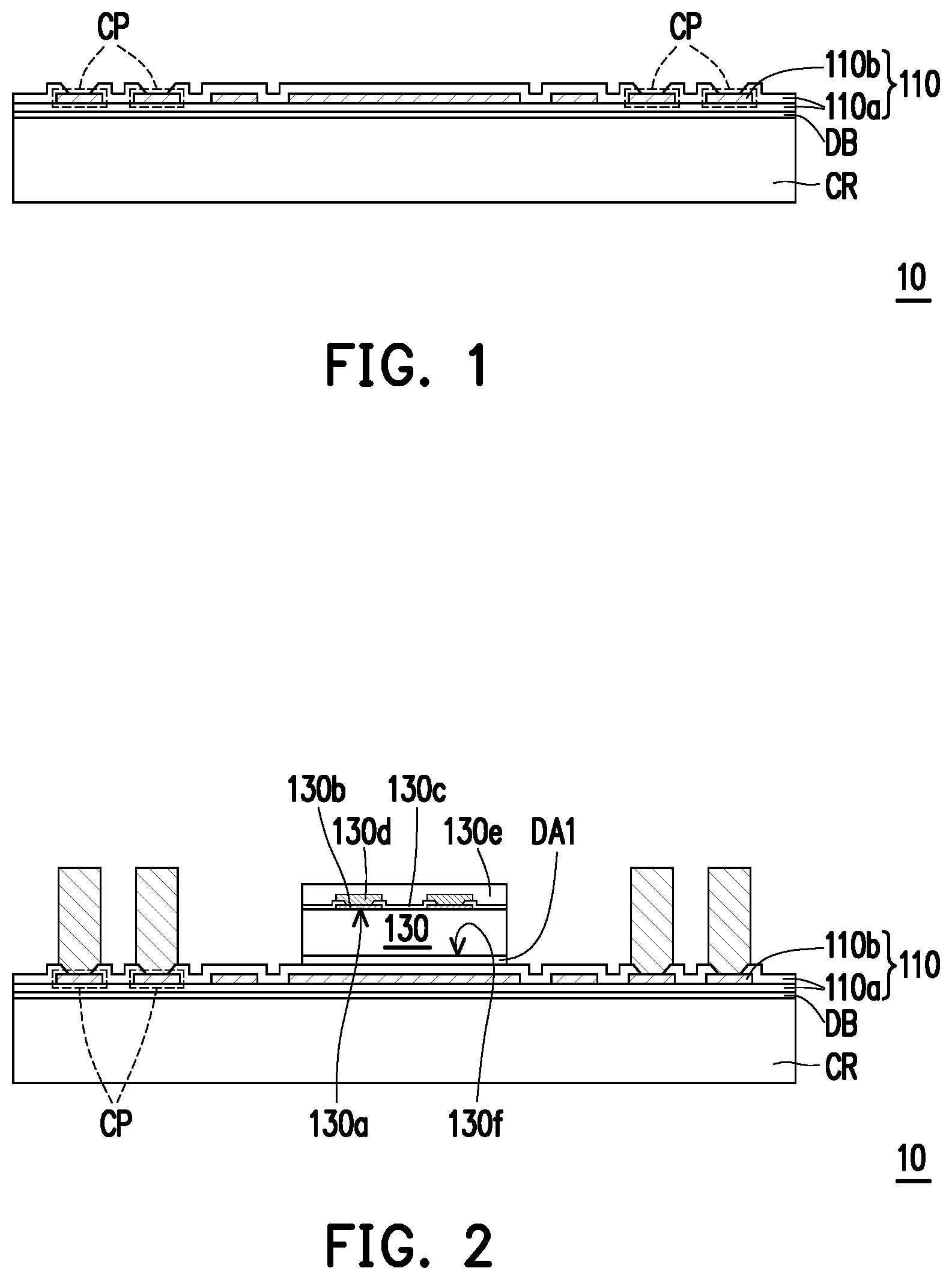Patent US12100682 — Package structure with conductive patterns in a redistribution layer — Figure 1