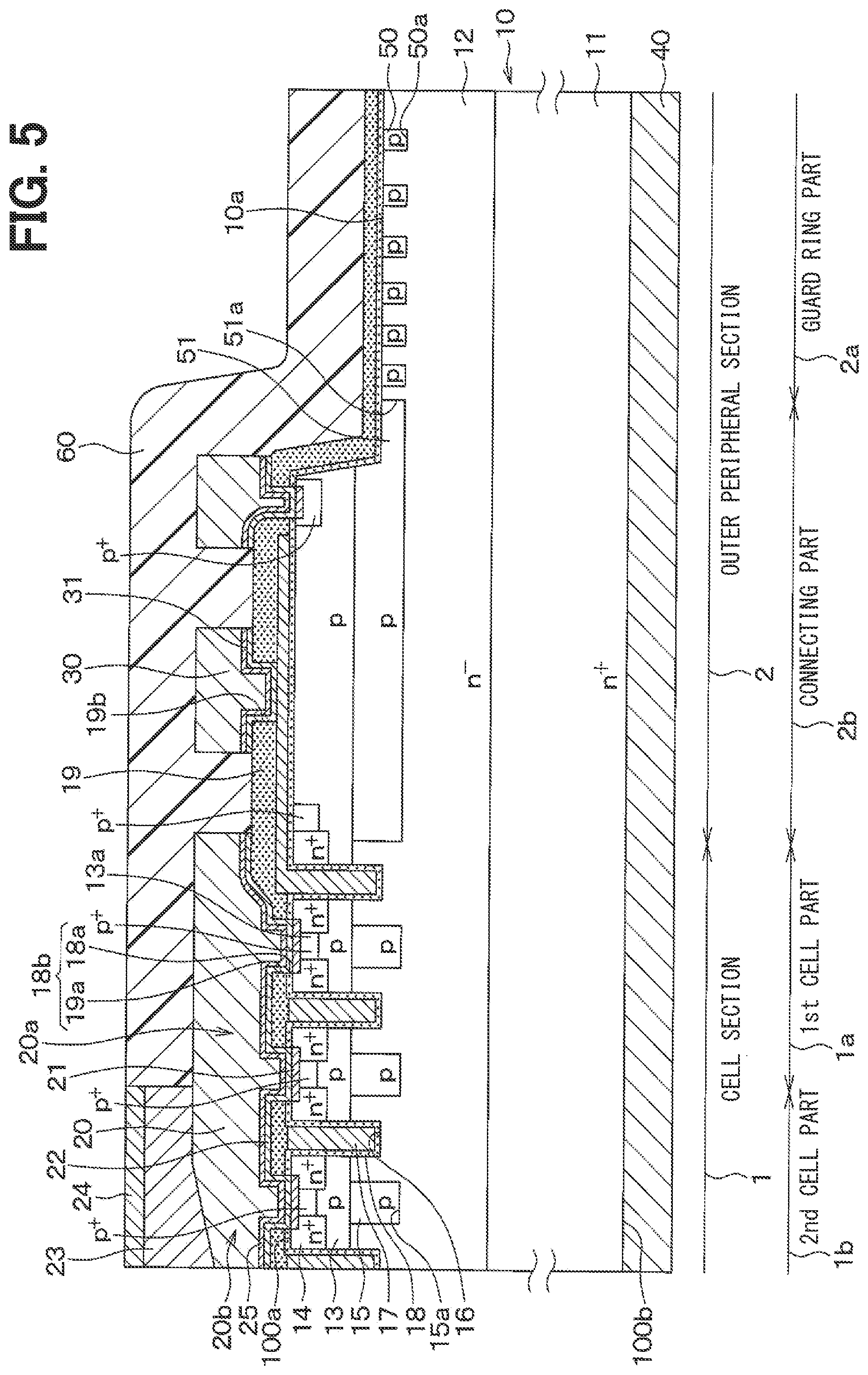 Patent US12100763 Figure 5 – Semiconductor device having cell section with gate structures partly covered with protective film