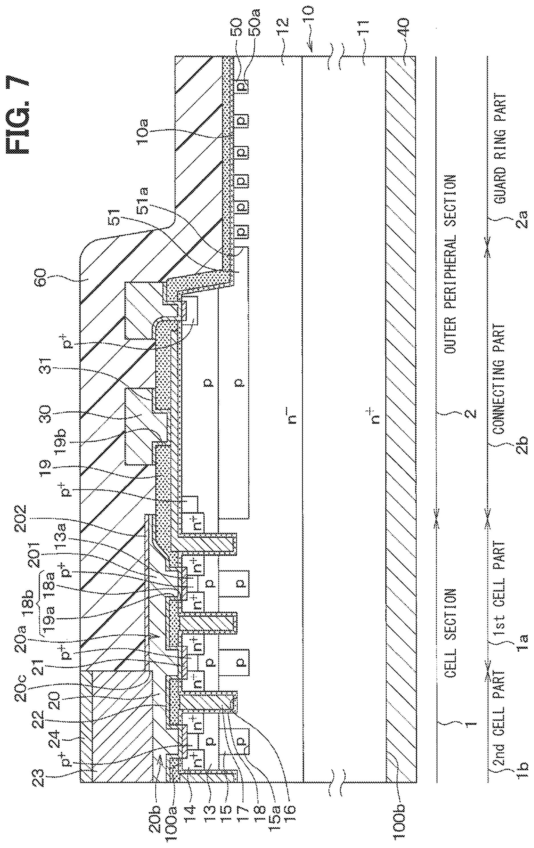 Patent US12100763 Figure 7 – Semiconductor device having cell section with gate structures partly covered with protective film