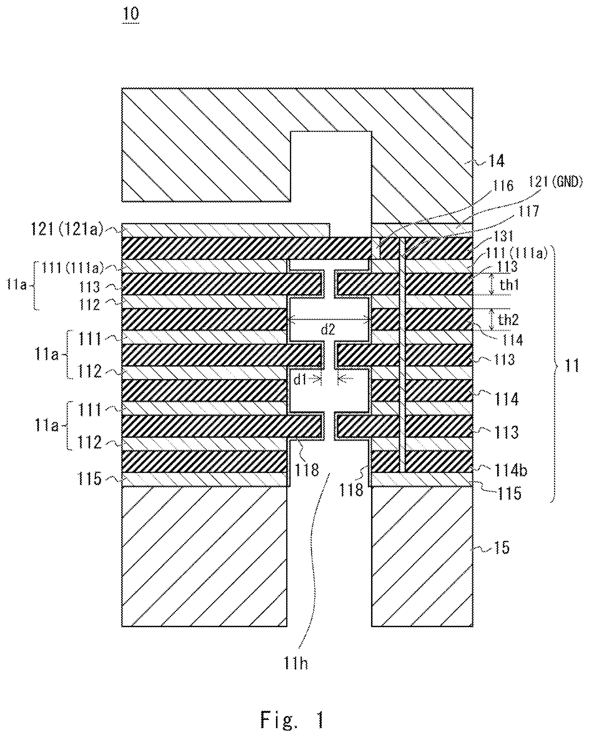 Patent US12100880 — High-frequency module including a laminated filter having alternating conductive and dielectric layers and a through hole extending through the filter for coupling to a transmission line — Figure 1