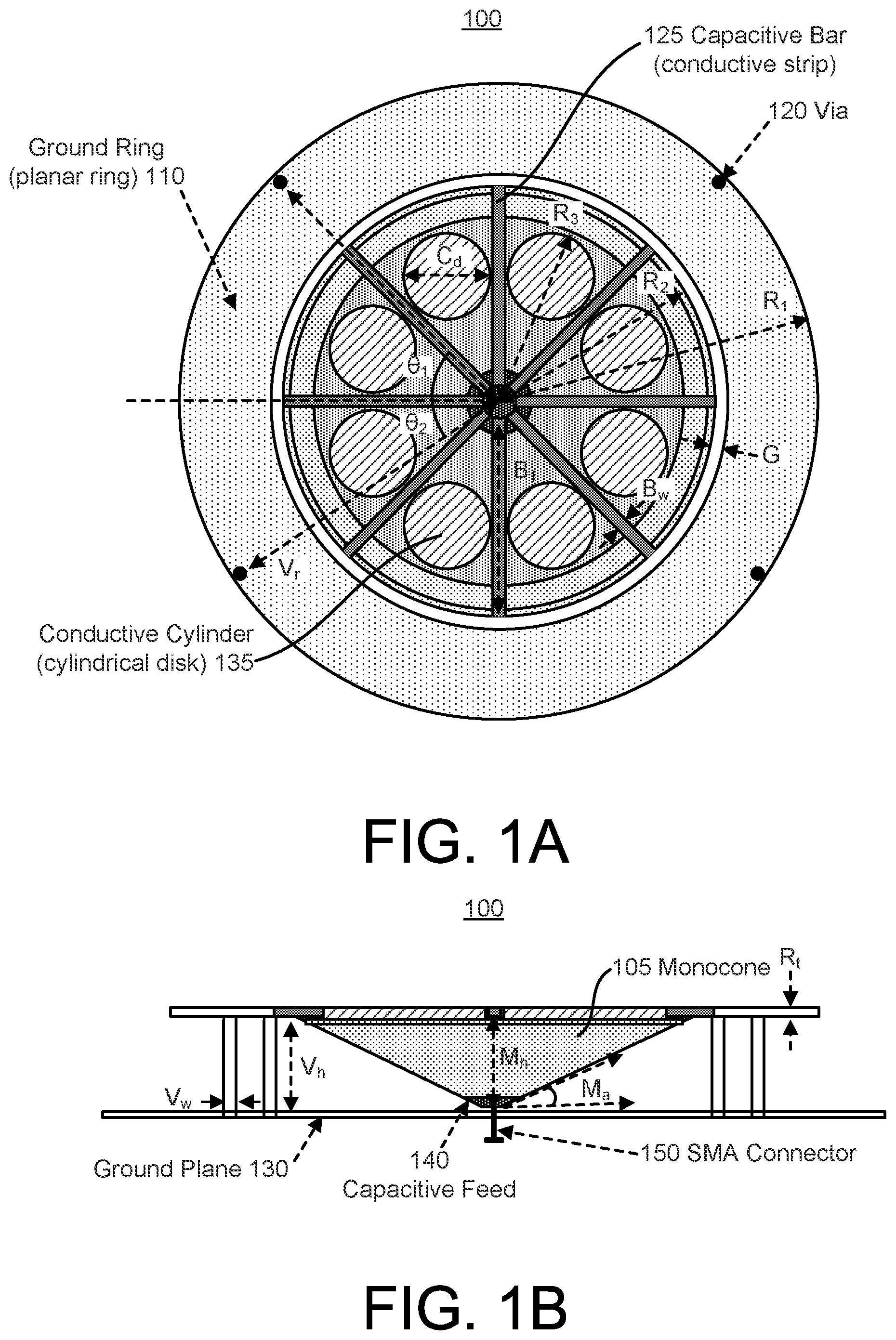 Patent US12100883 Figure 1 – Ultrawide bandwidth, low-cost, roof-top mountable, low-profile, monocone antenna for vehicle-to-everything (V2X) communication