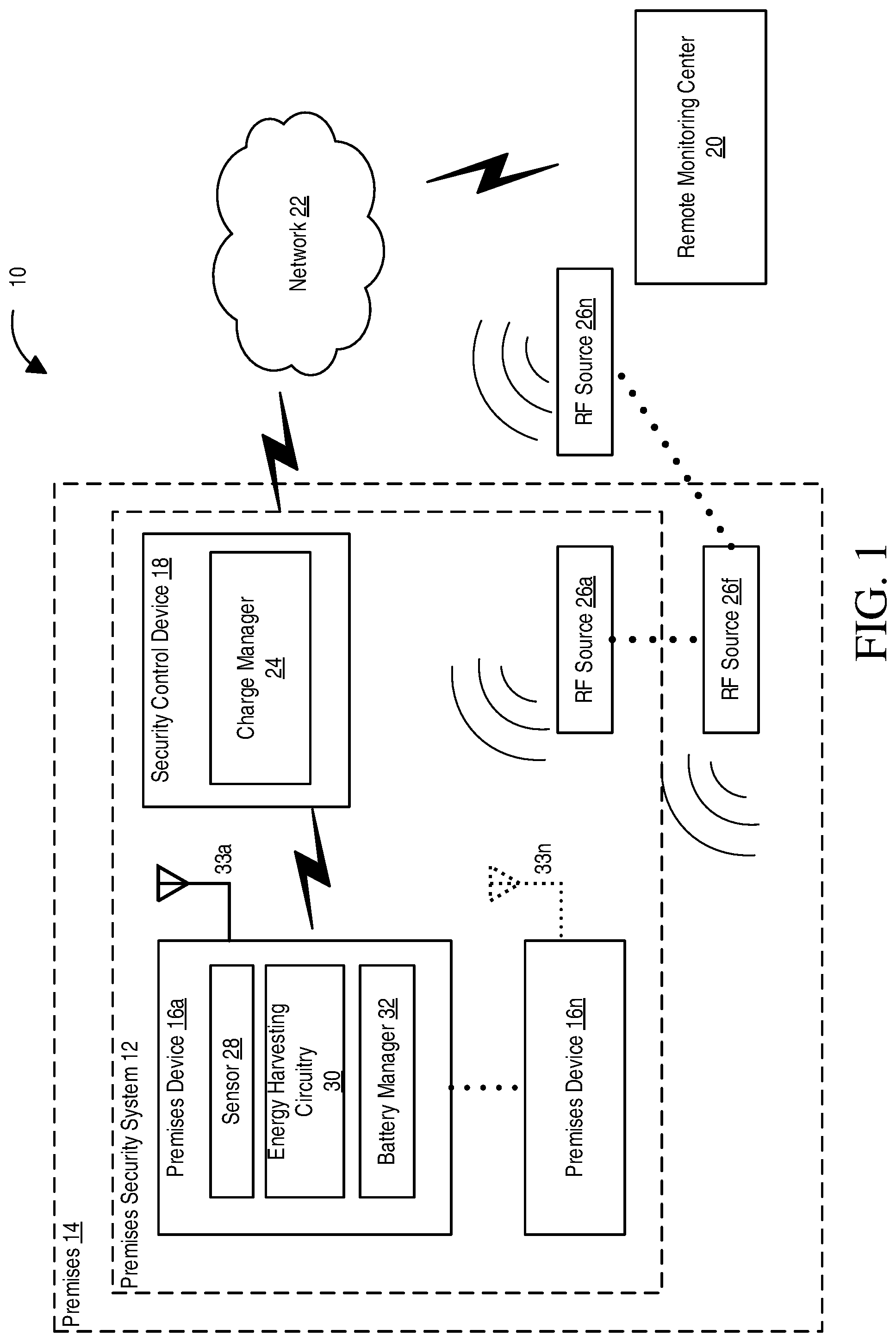 Patent US12100976 — Premises security system with wireless energy harvesting — Figure 1