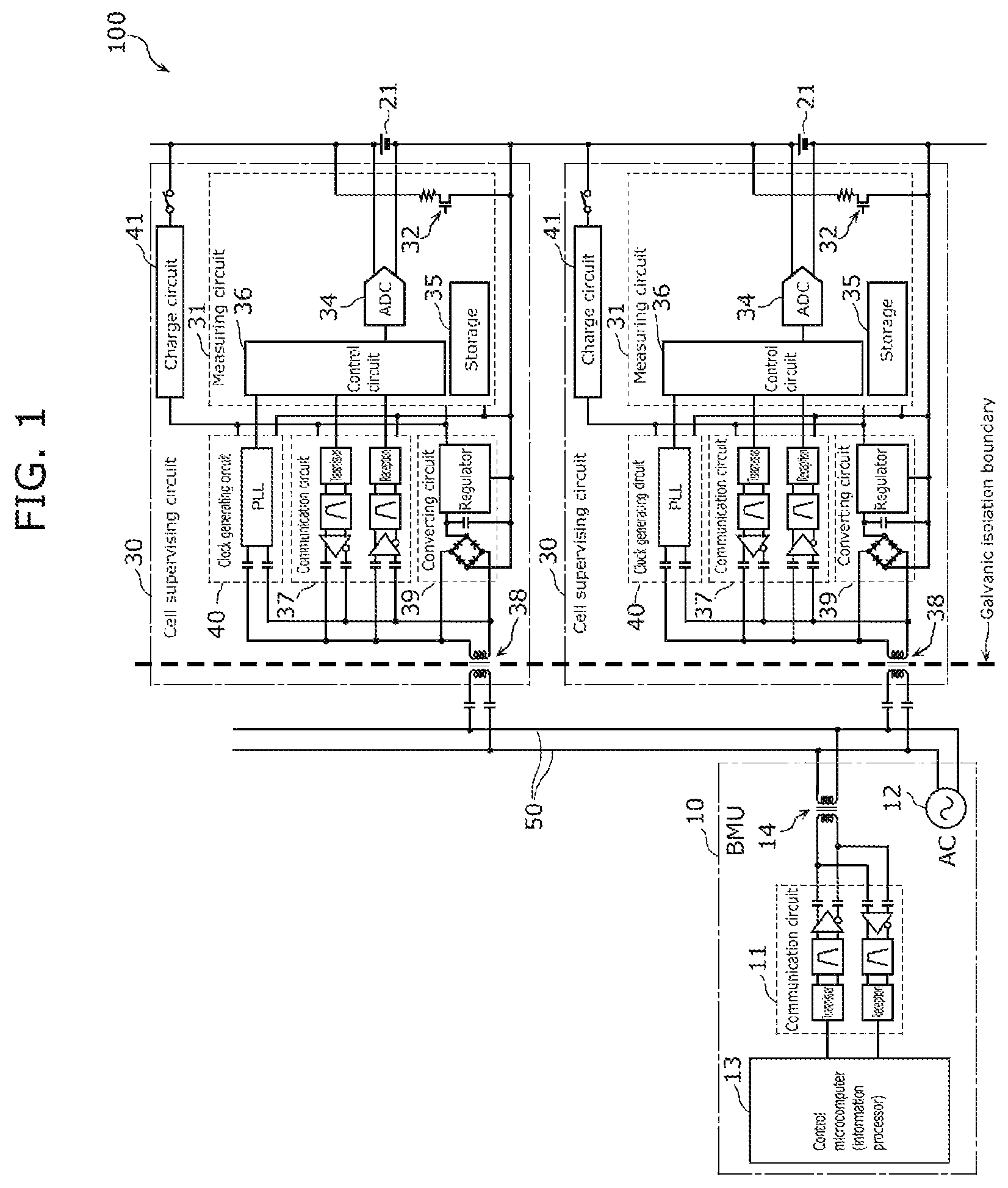 Patent US12100985 — Battery management system and cell supervising circuit — Figure 1