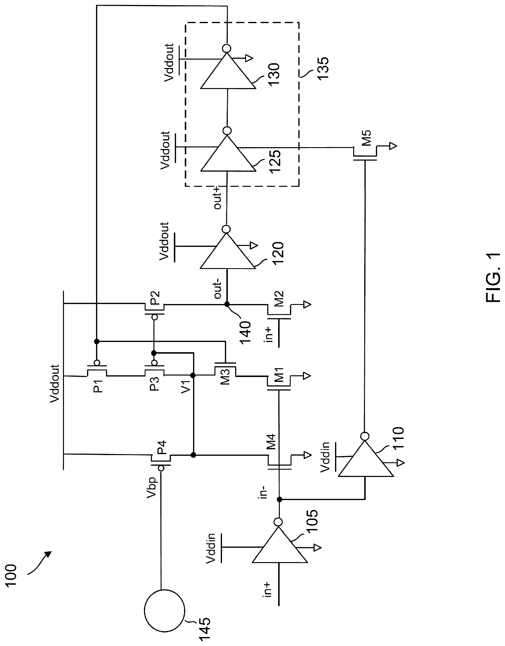 Patent US12101089 — Enhanced rising and falling transitions for level shifting low-voltage input signals — Figure 1