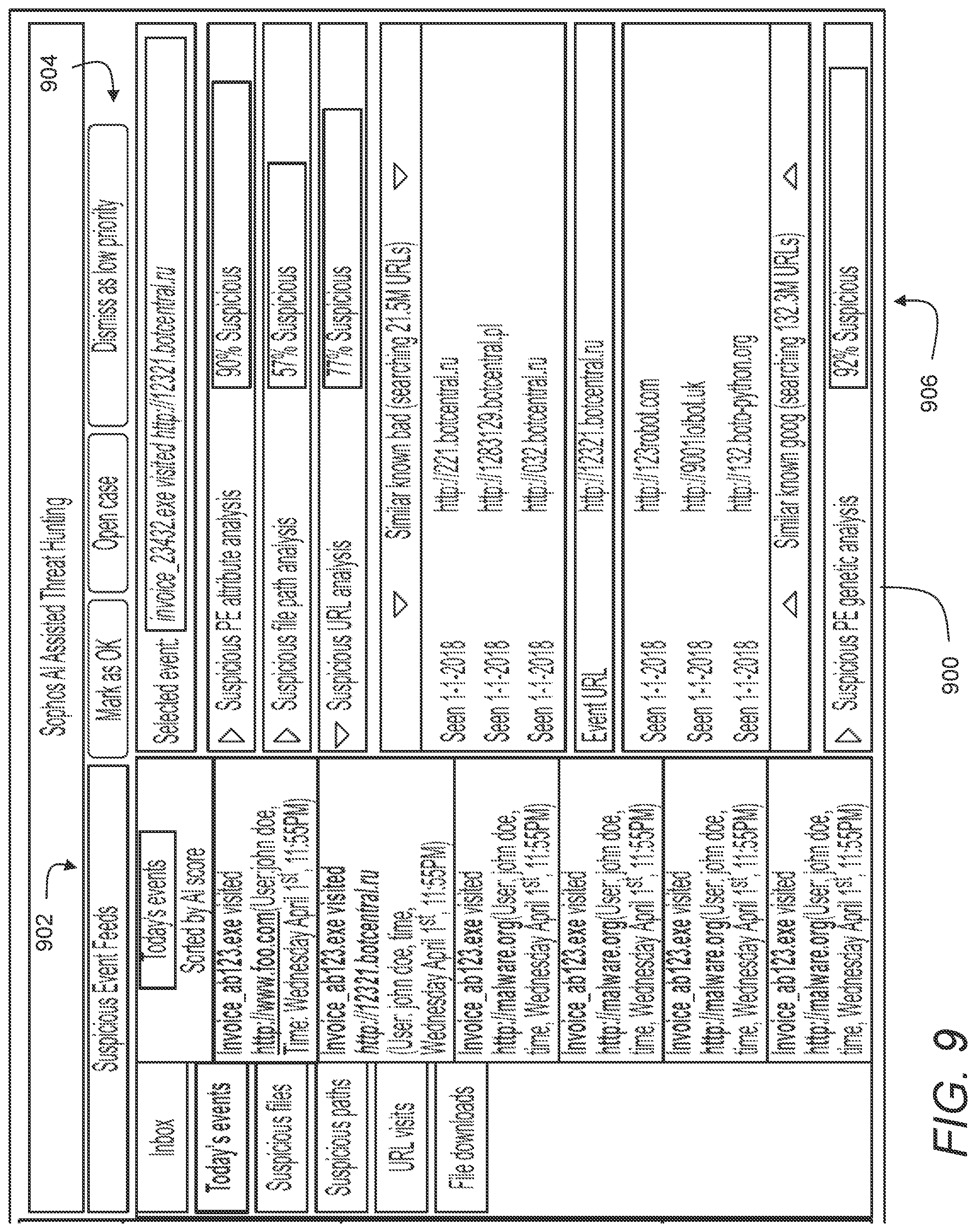Patent US12101334 Figure 9 – Augmented threat detection using an attack matrix and data lake queries