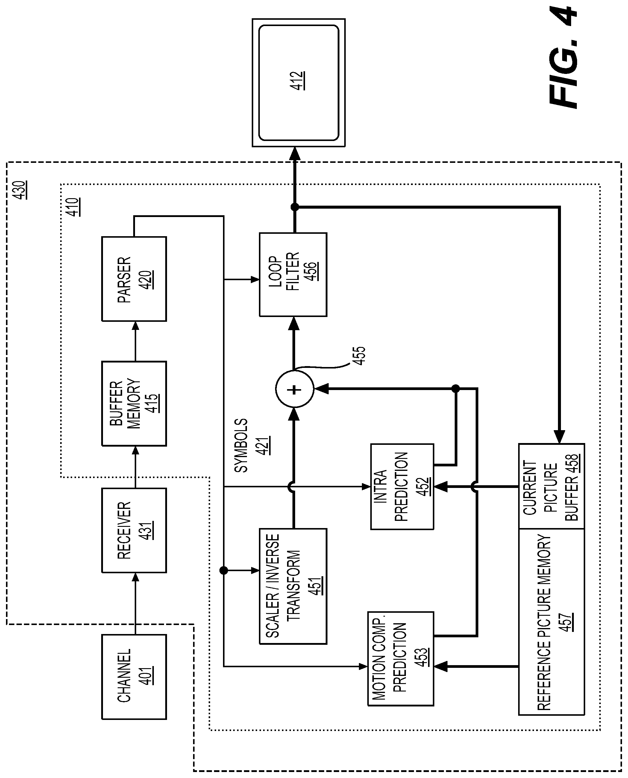 Patent US12101504 Figure 6 – Reference line for directional intra prediction