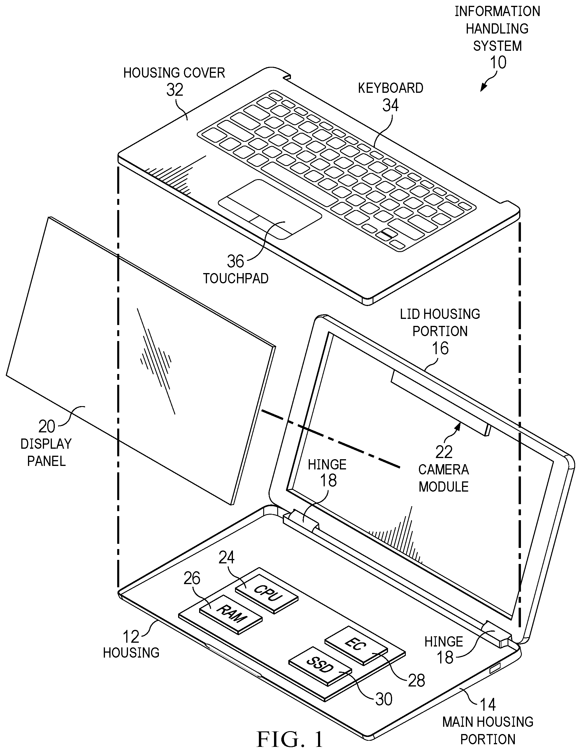 Patent US12101539 Figure 1 – Information handling system camera shutter with secondary security by power removal