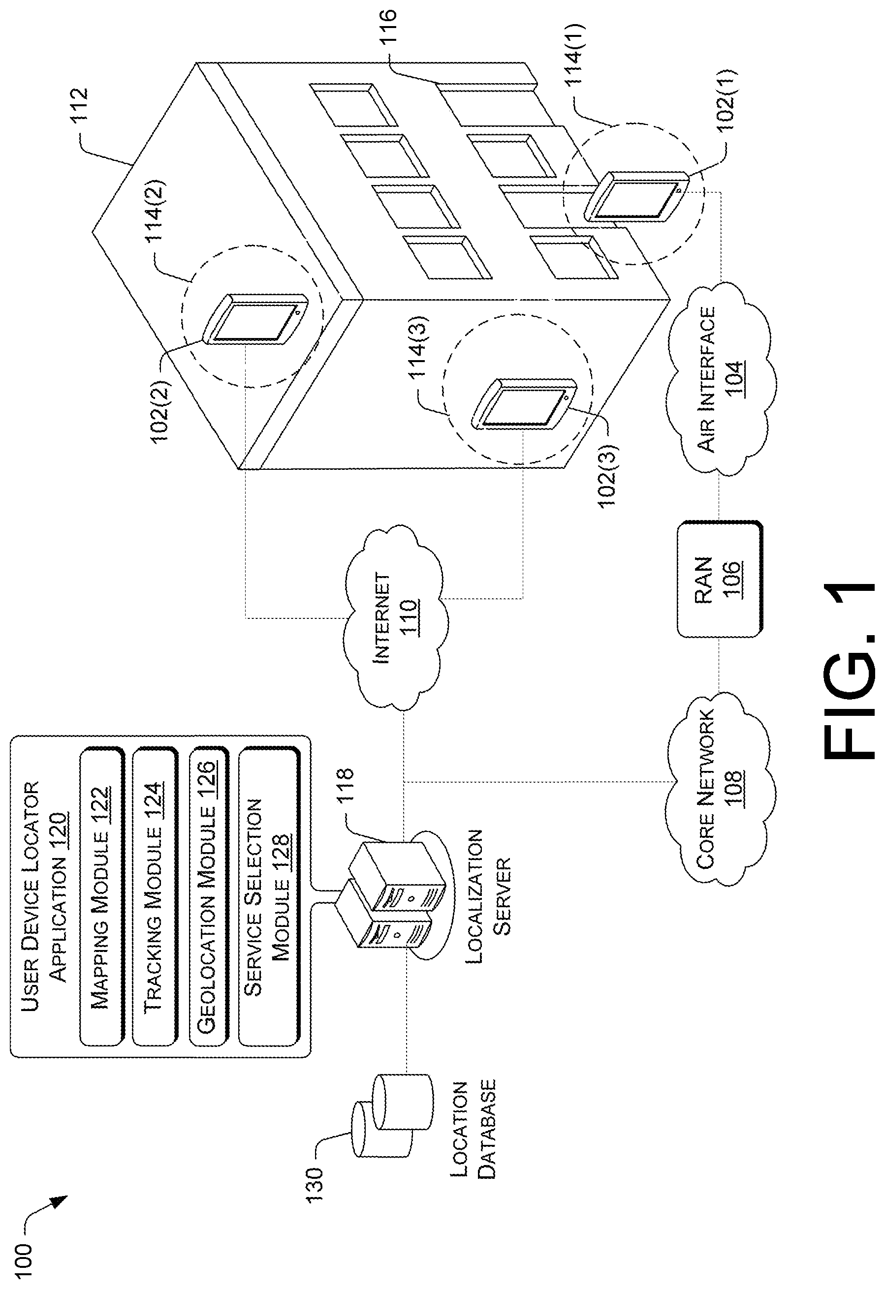 Patent US12101680 — Constrained user device location using building topology — Figure 1