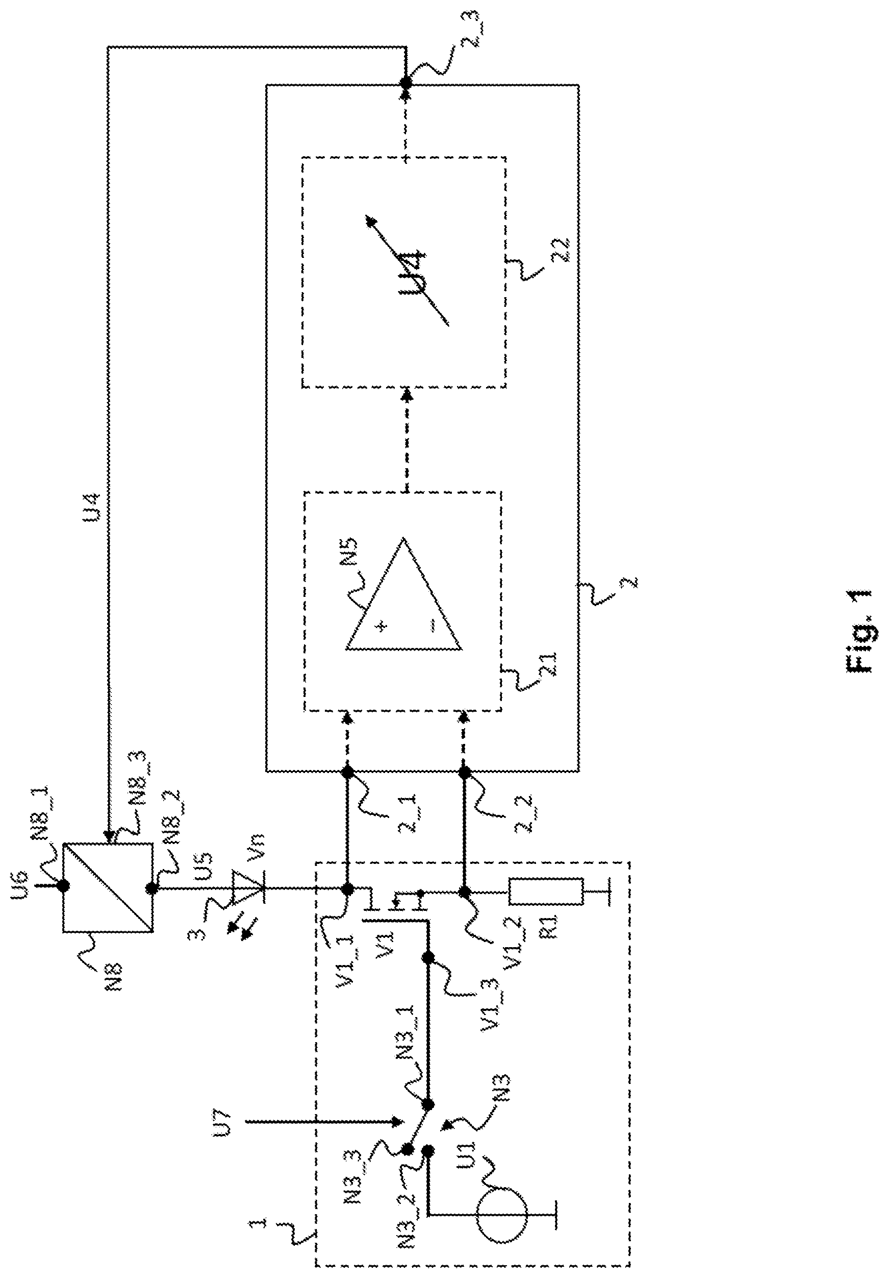 Patent US12101857 — Light source driver circuit, optical measuring device comprising the light source driver circuit, device for checking value documents, and method for operating a light source load by means of the light source driver circuit — Figure 1
