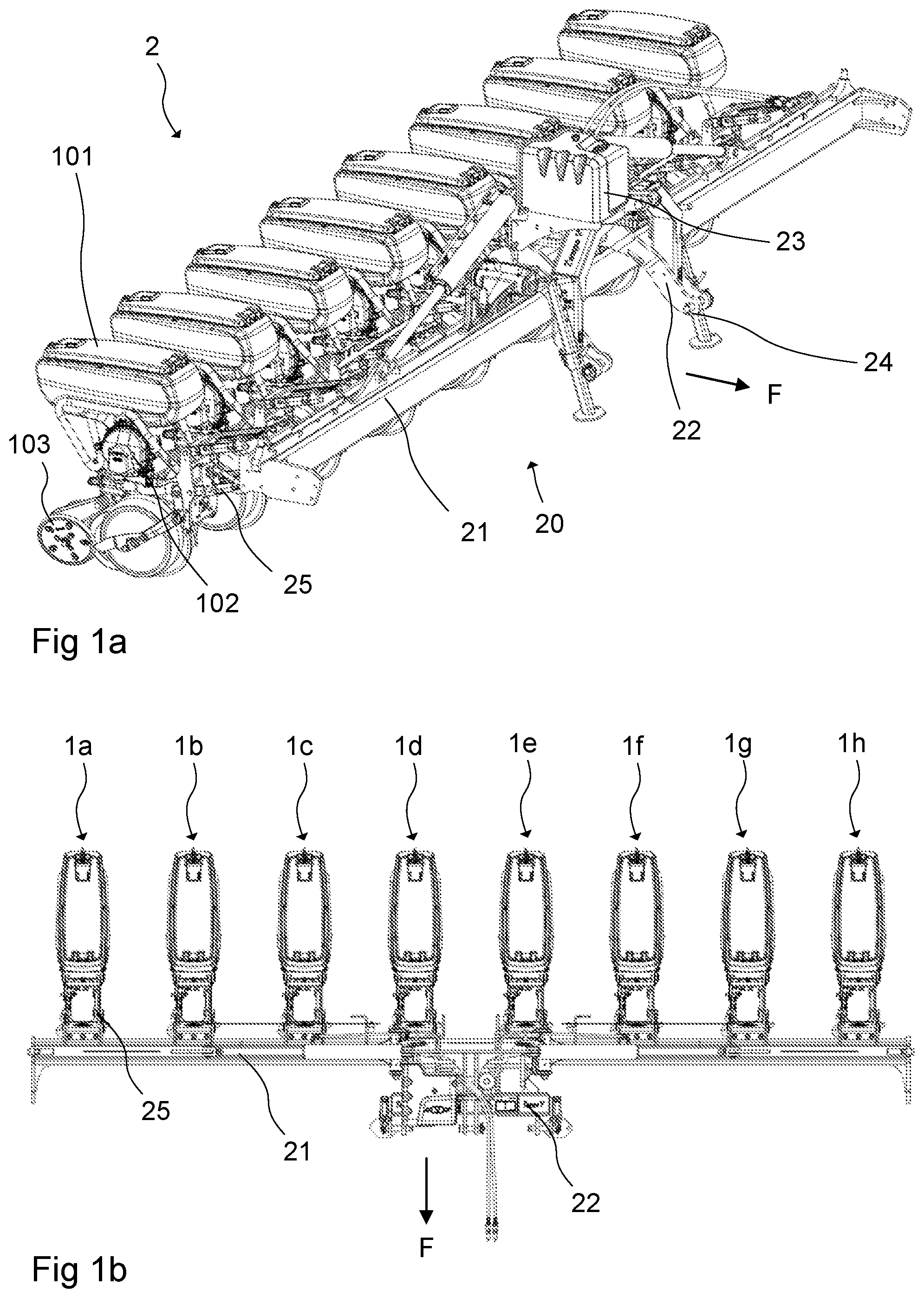 Patent US12102028 — Row unit for agricultural implement, agricultural implement comprising such row unit and method of setting drilling depth — Figure 1