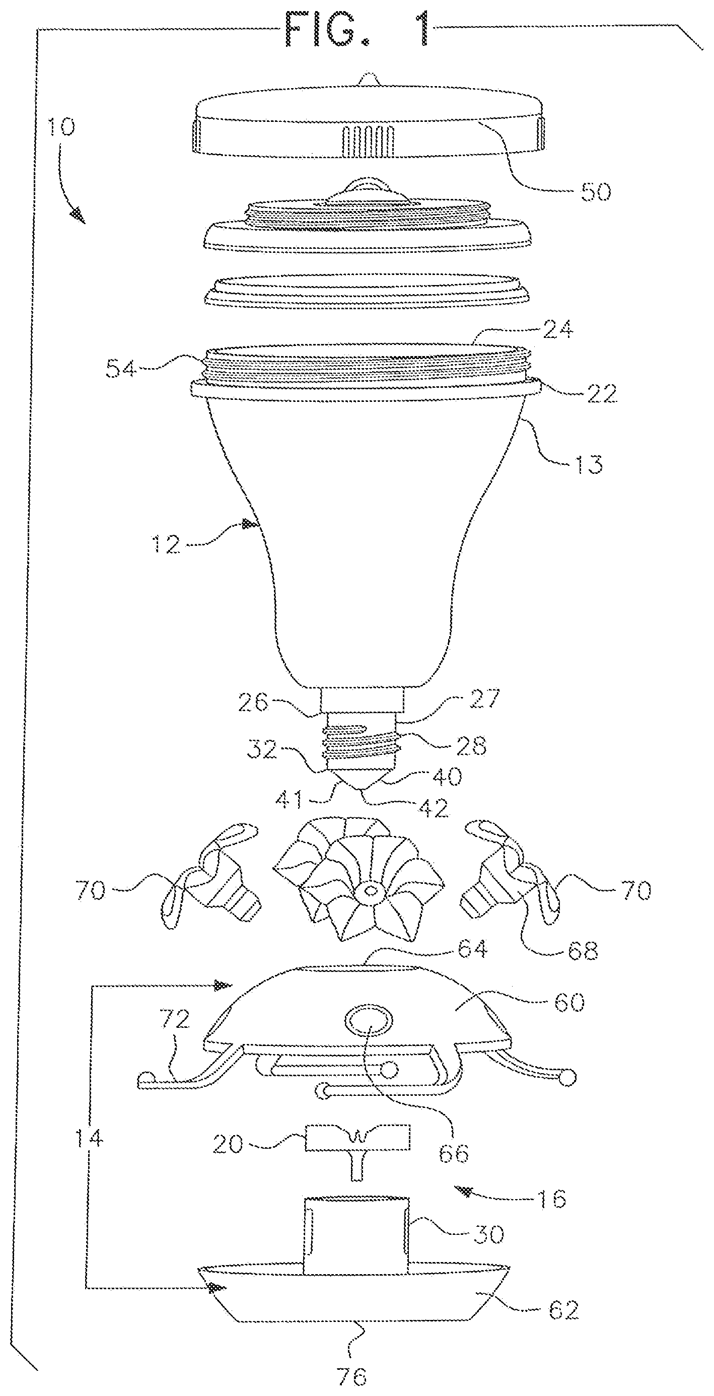 Patent US12102062 Figure 1 – Top-fill hummingbird feeder with float valve base closure mechanism