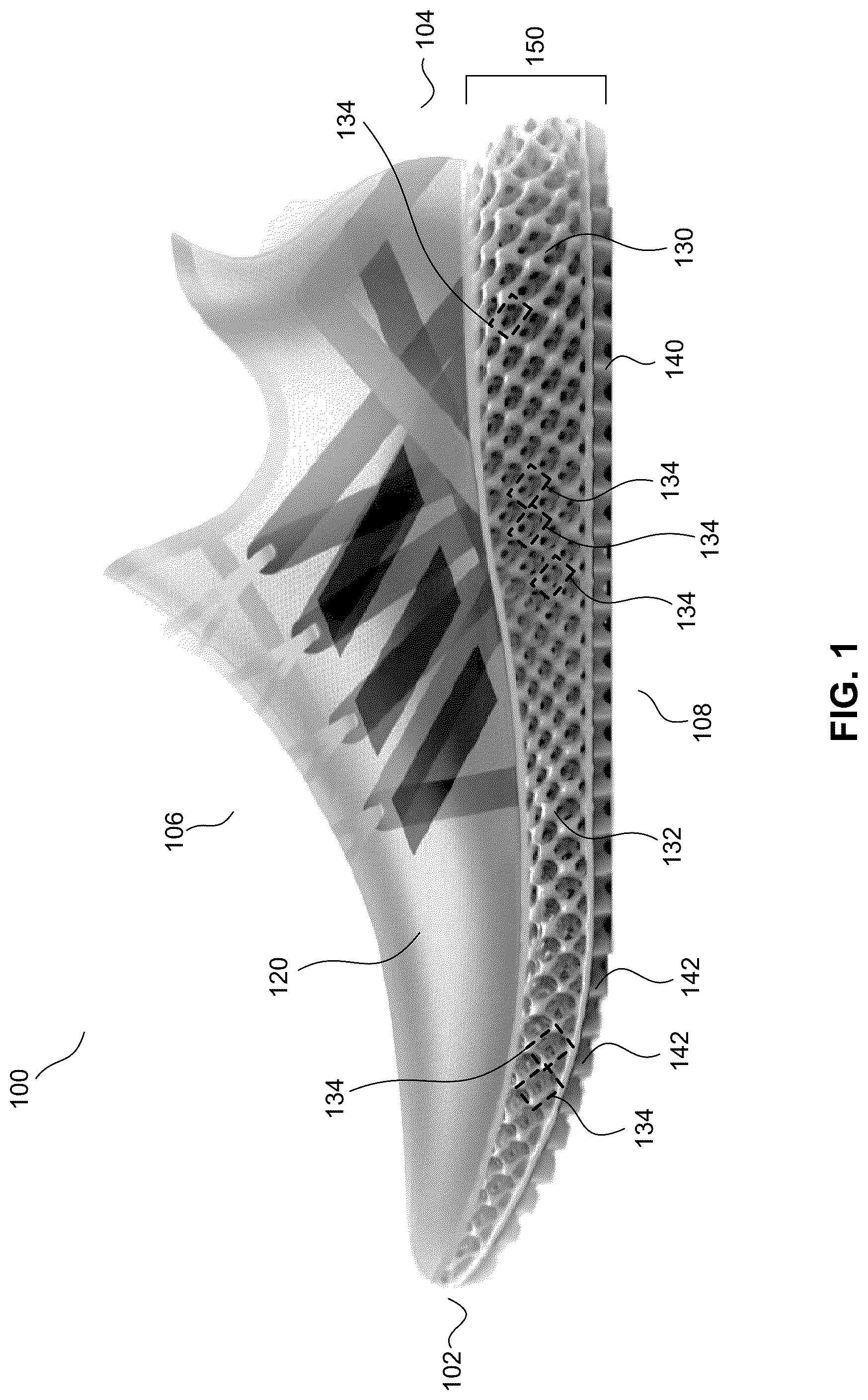 Patent US12102172 Figure 1 – Footwear midsole with warped lattice structure and method of making the same